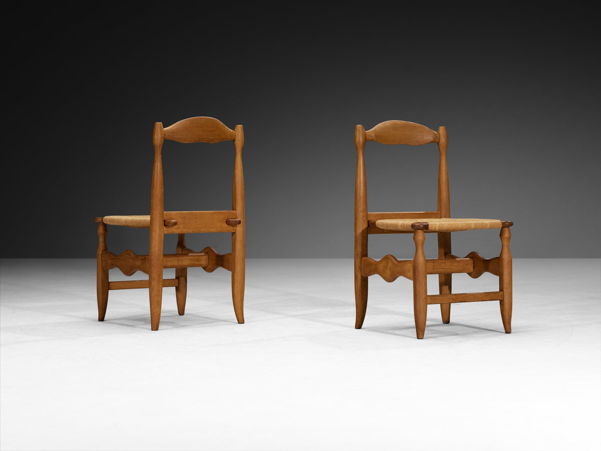 Guillerme & Chambron Set of Six Dining Chairs in Solid Oak and Rush Seating Morentz