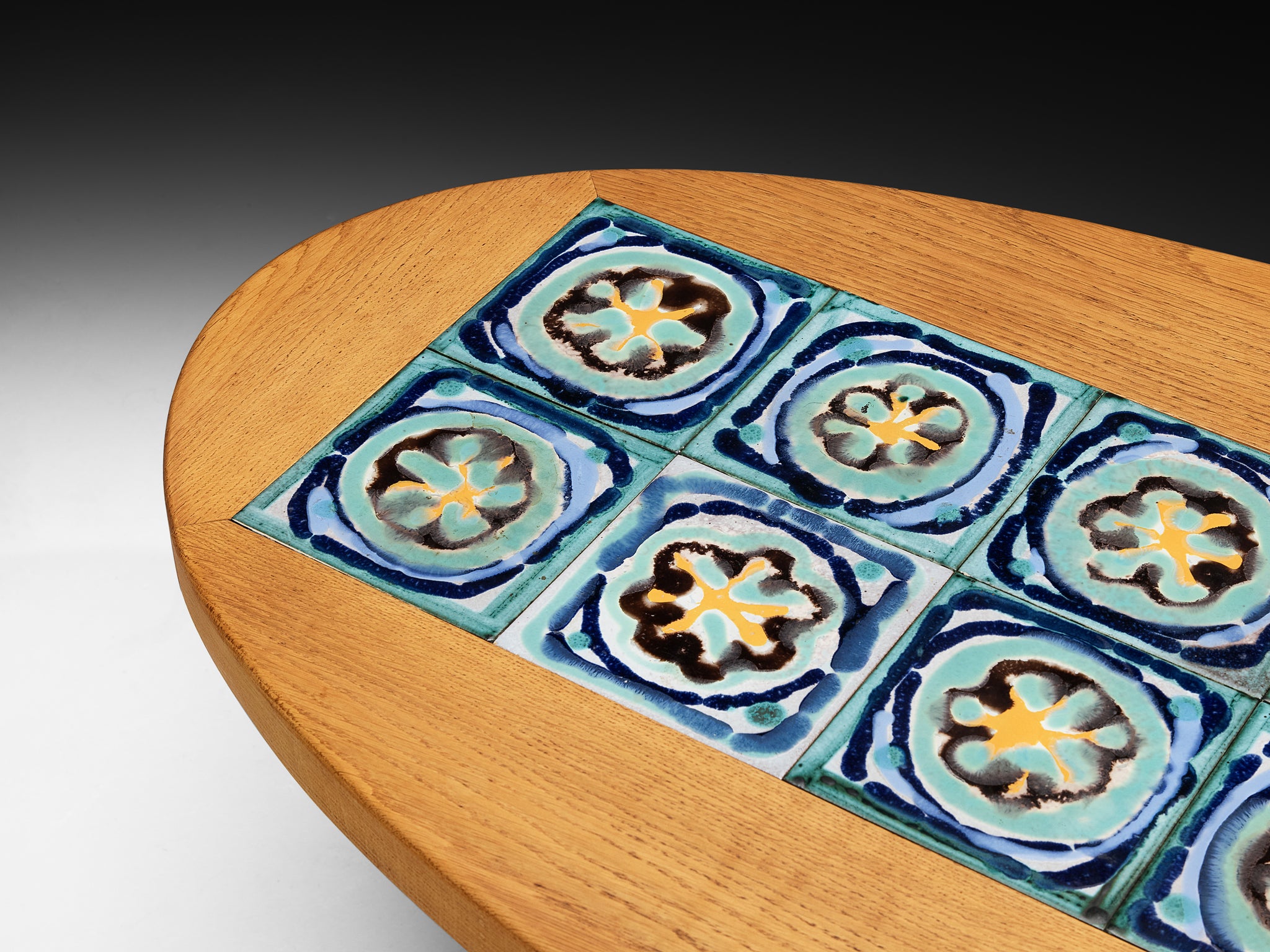 Guillerme & Chambron for Votre Maison Coffee Table in Oak and Blue Ceramic Tiles Tables Morentz