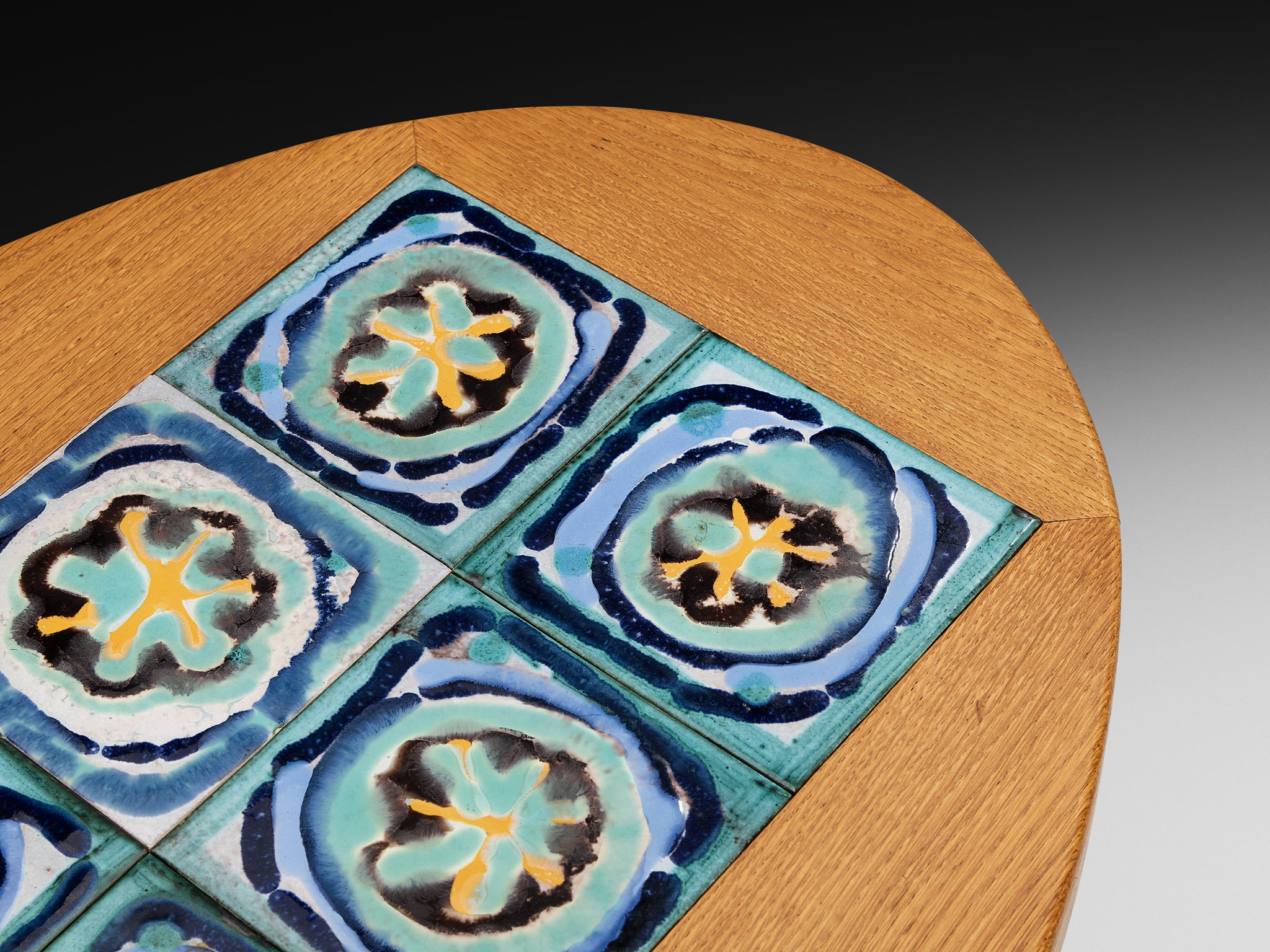 Guillerme & Chambron for Votre Maison Coffee Table in Oak and Blue Ceramic Tiles Tables Morentz