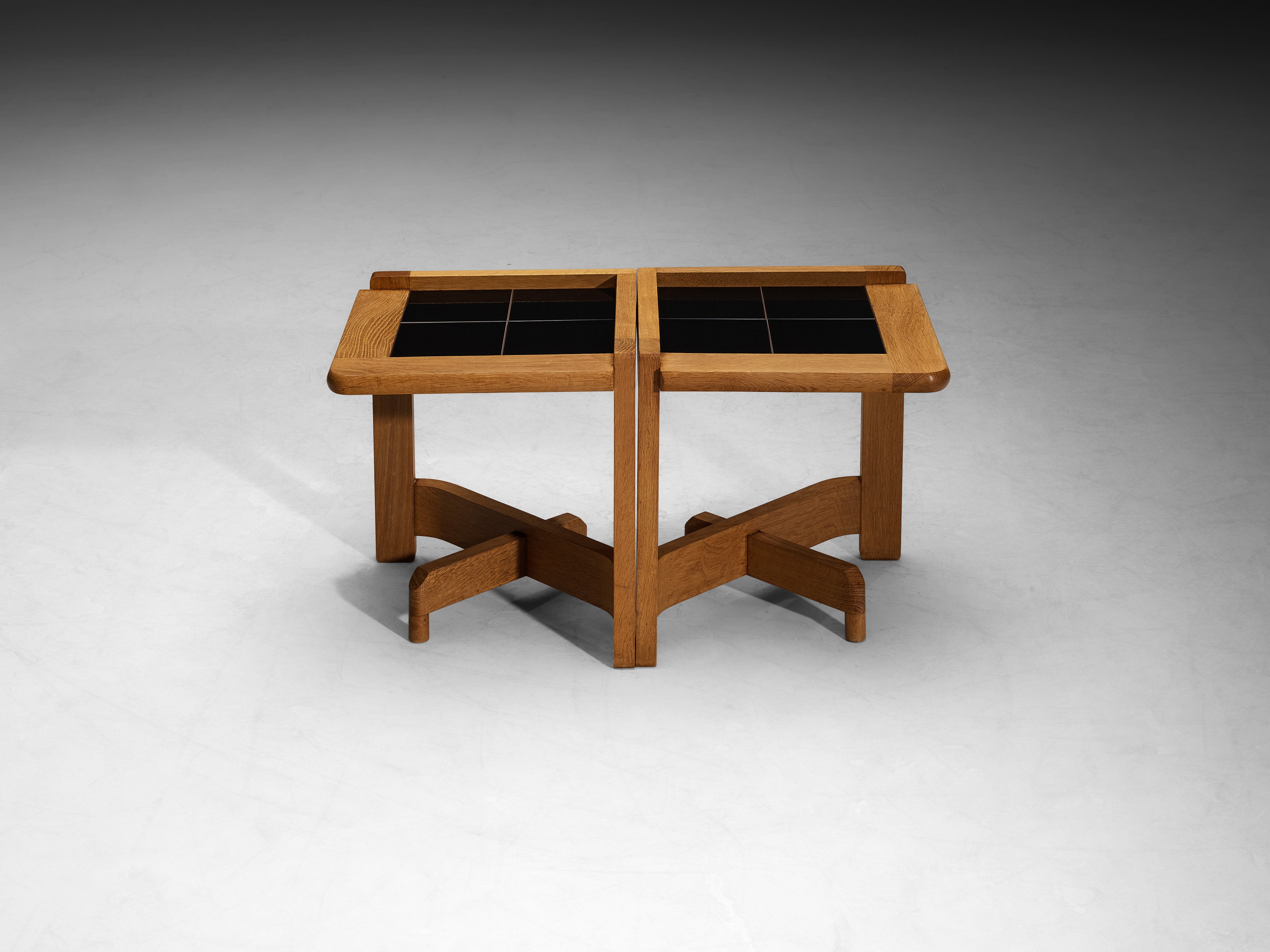 Guillerme & Chambron Pair of Side Tables in Solid Oak and Ceramic Tables Morentz