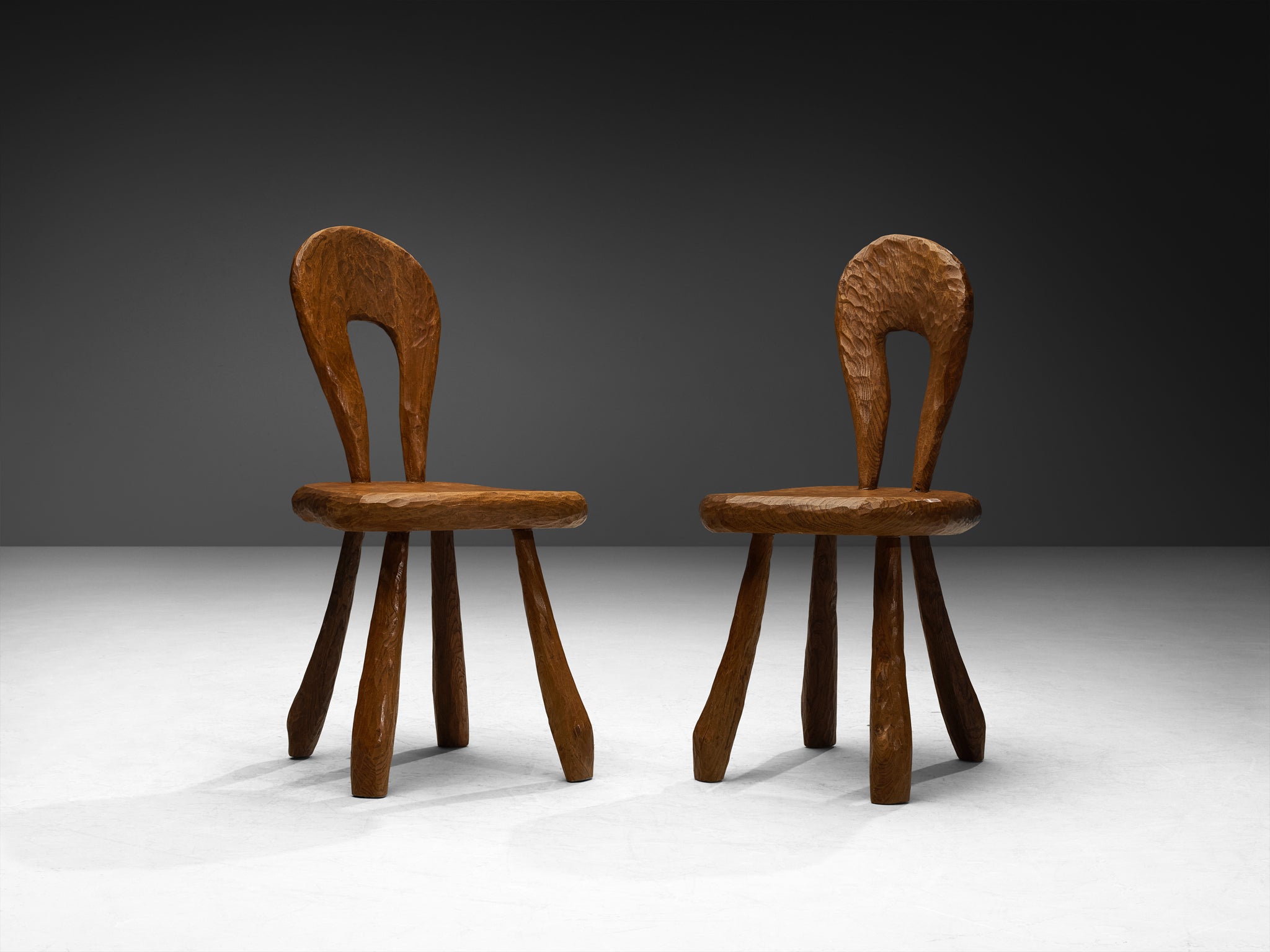 Brutalist French Set of Eight Dining Chairs in Gouge Solid Elm by Cabinetmaker Seating Morentz