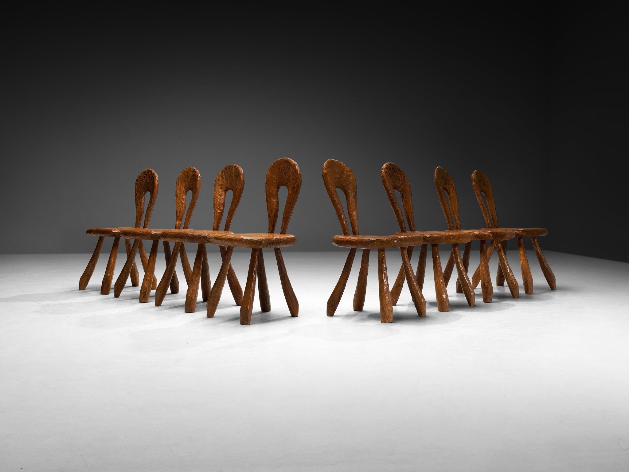 Brutalist French Set of Eight Dining Chairs in Gouge Solid Elm by Cabinetmaker Seating Morentz