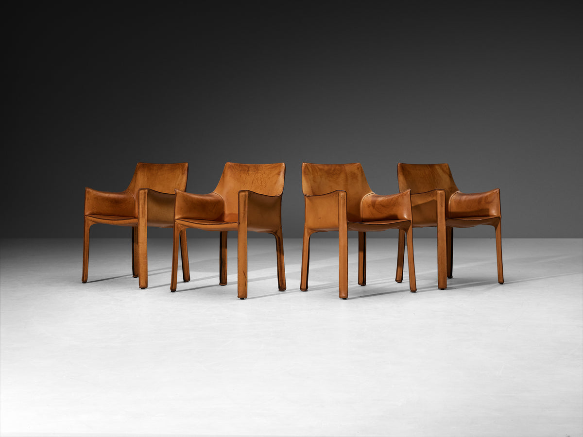 Mario Bellini Set of Four 'CAB 413' Dining Chairs in Patinated Cognac Leather Seating Morentz
