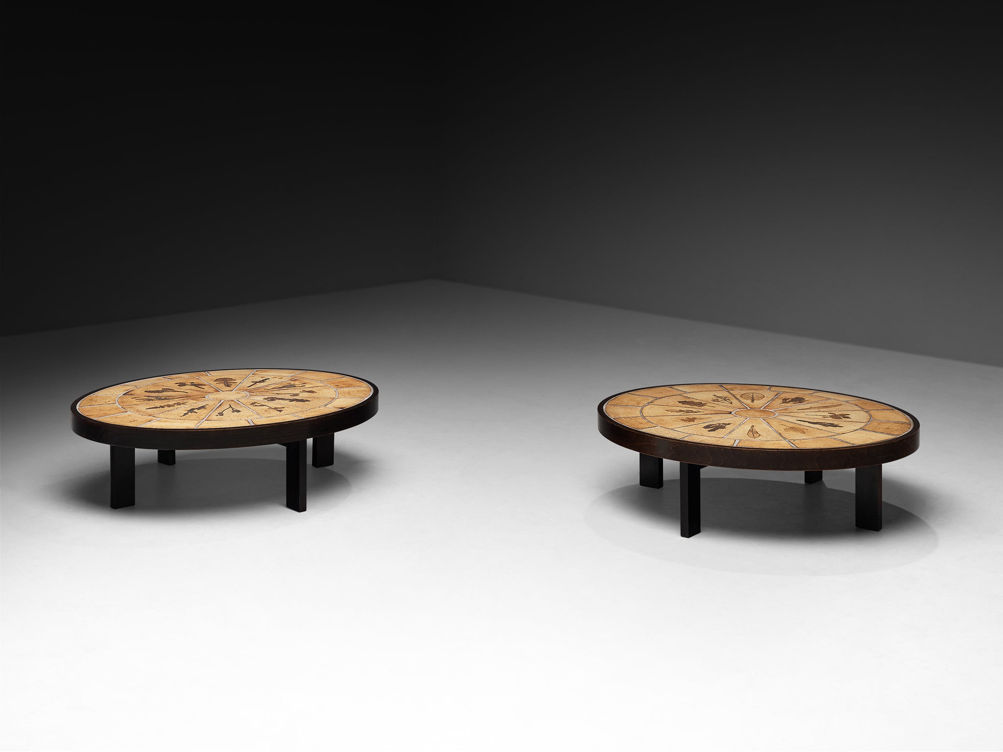 Roger Capron Round Pair of Coffees Table with Floral Imprints in Ceramic and Wood Tables Morentz