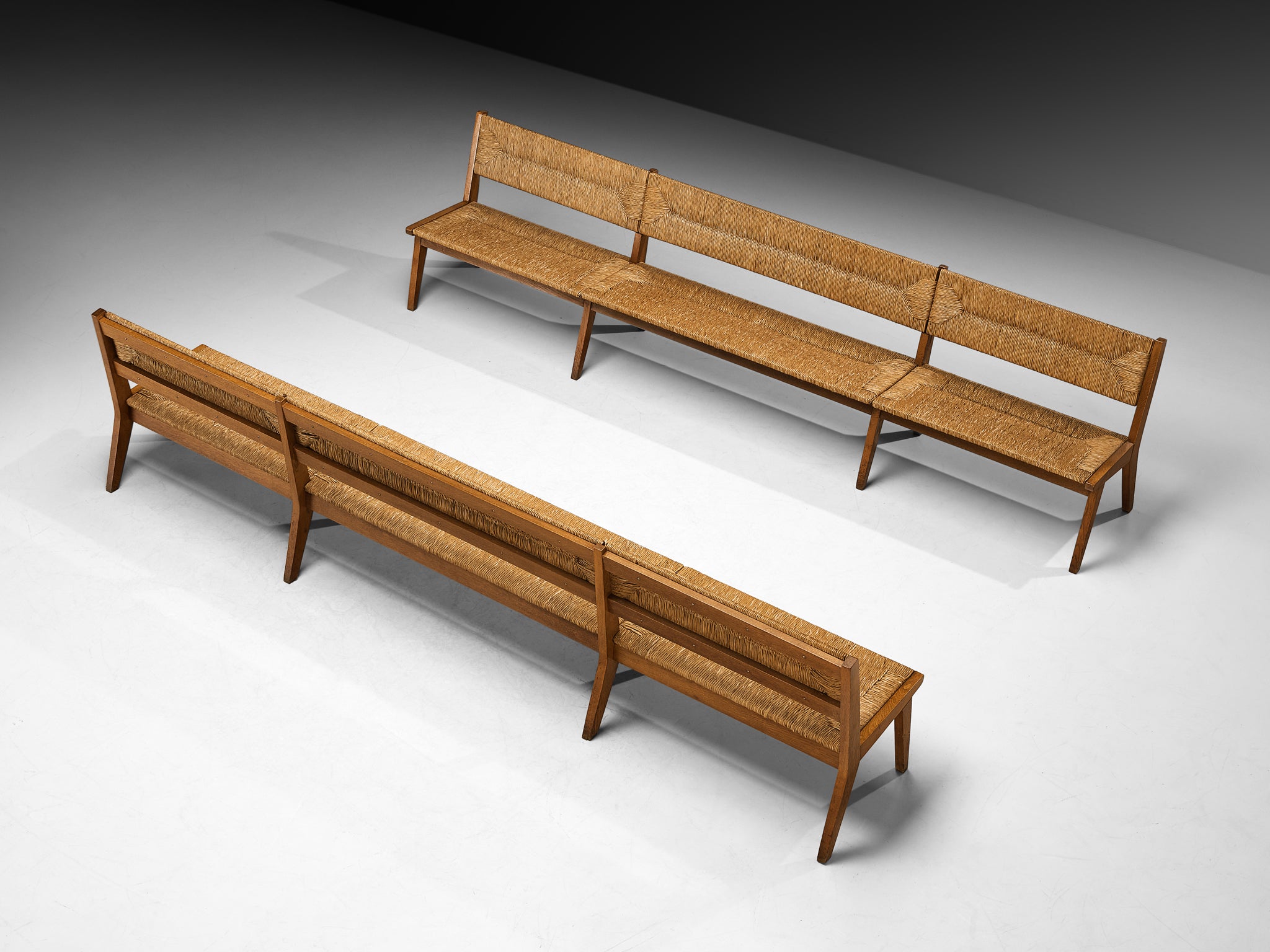Mid-Century Long Benches in Oak and Straw Seating Morentz