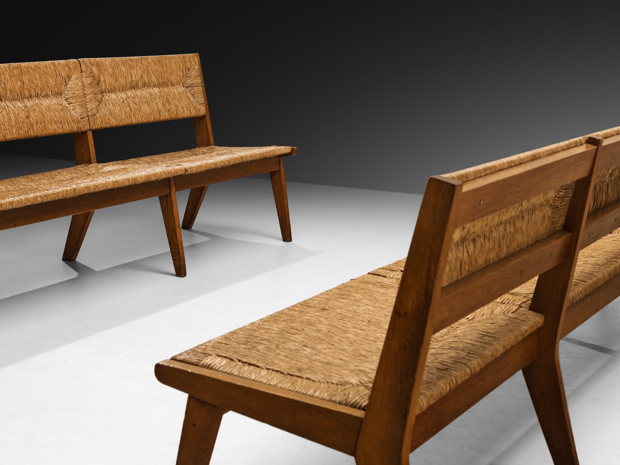 Mid-Century Long Benches in Oak and Straw Seating Morentz