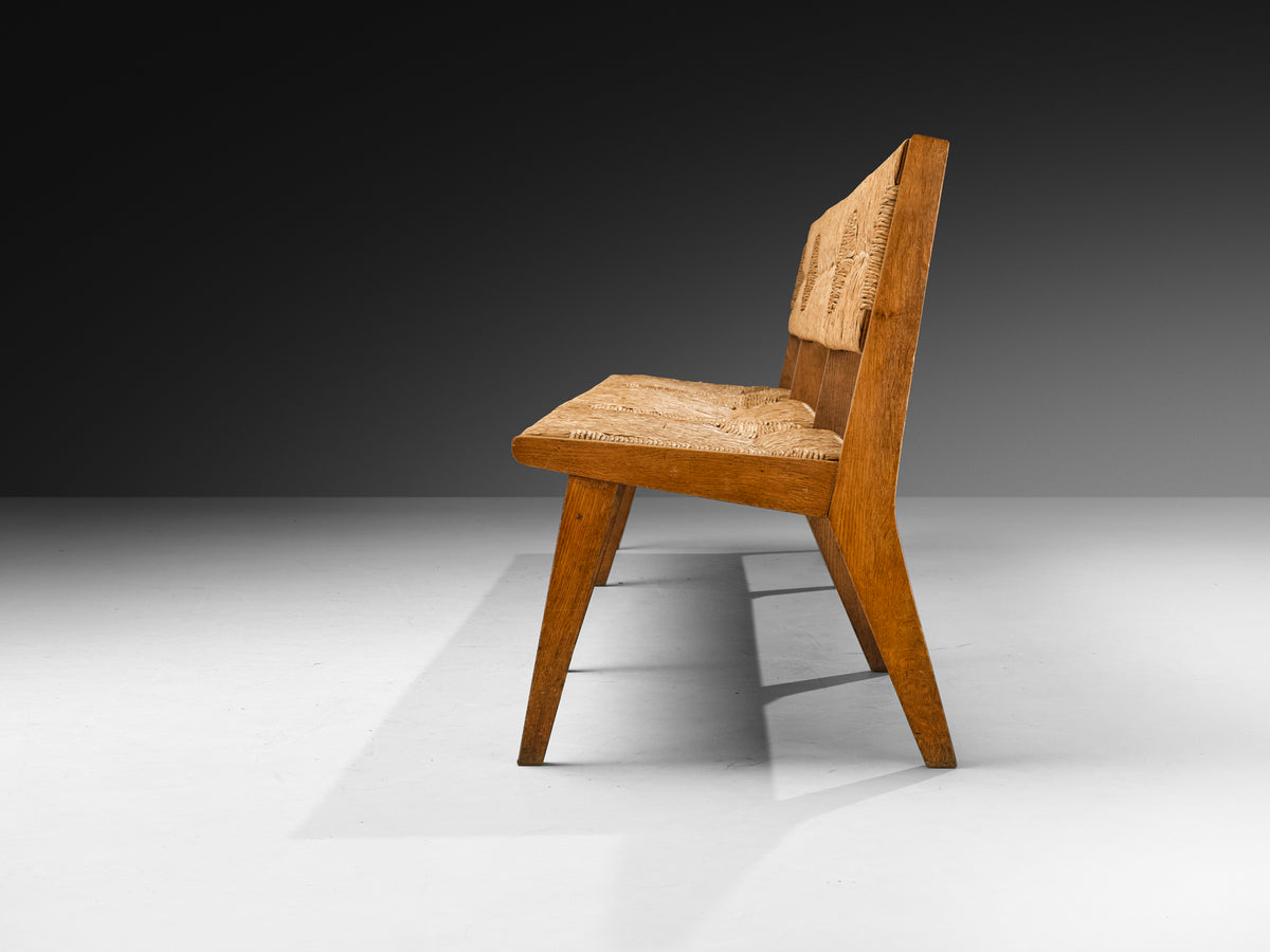 Mid-Century Long Bench in Oak and Straw Seating Morentz