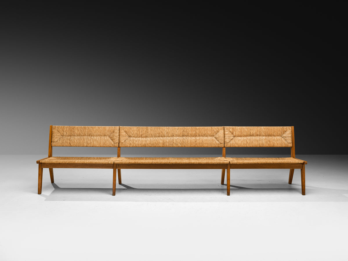 Mid-Century Long Bench in Oak and Straw Seating Morentz
