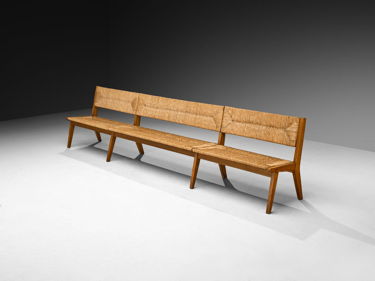 Mid-Century Long Bench in Oak and Straw Seating Morentz
