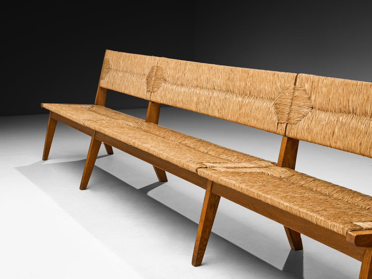 Mid-Century Long Bench in Oak and Straw Seating Morentz
