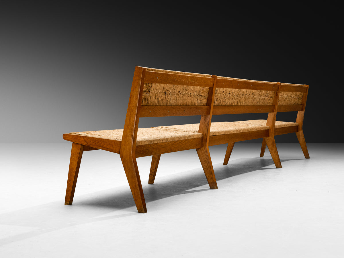 Mid-Century Long Bench in Oak and Straw Seating Morentz
