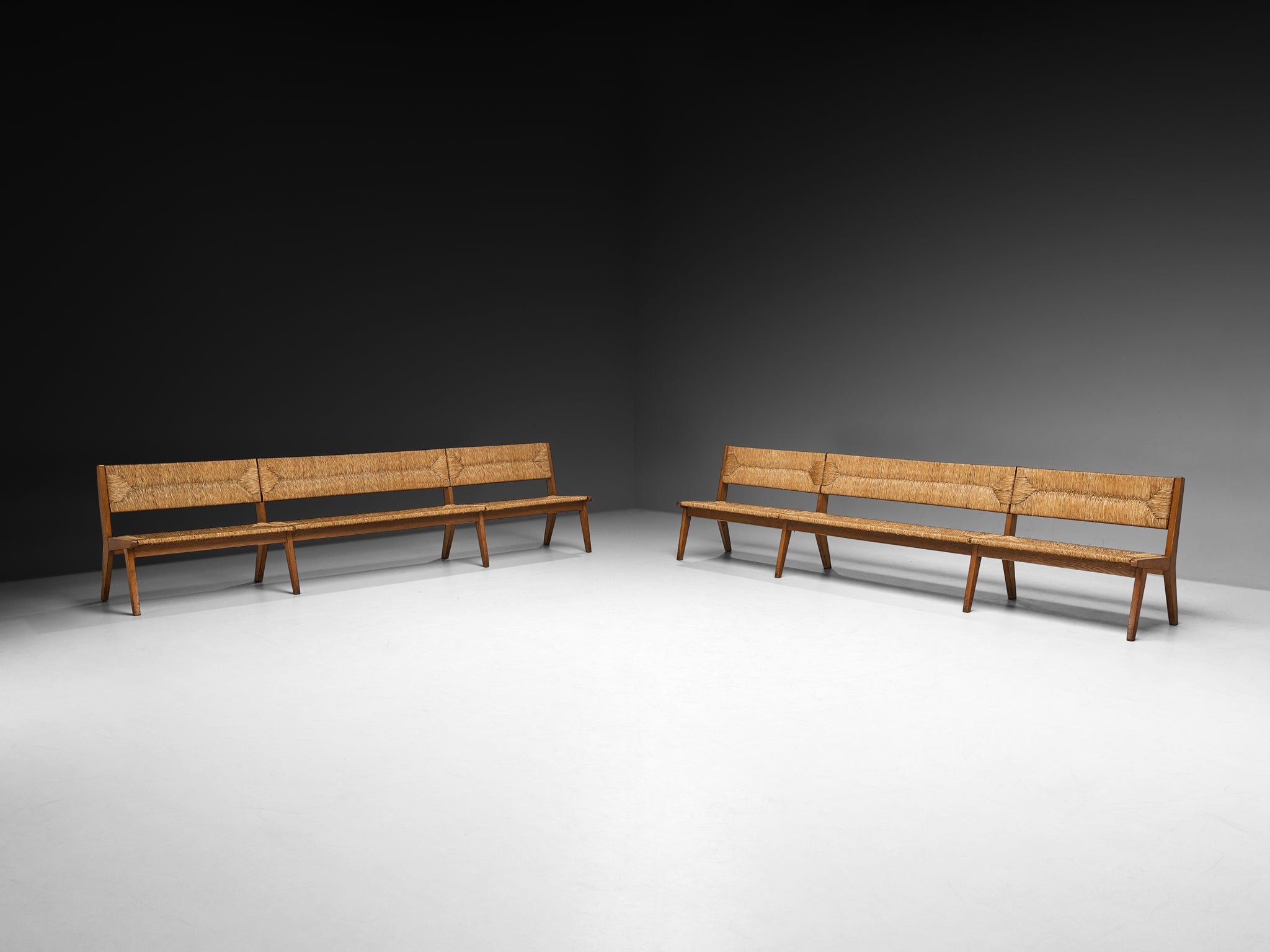 Mid-Century Long Benches in Oak and Straw Seating Morentz