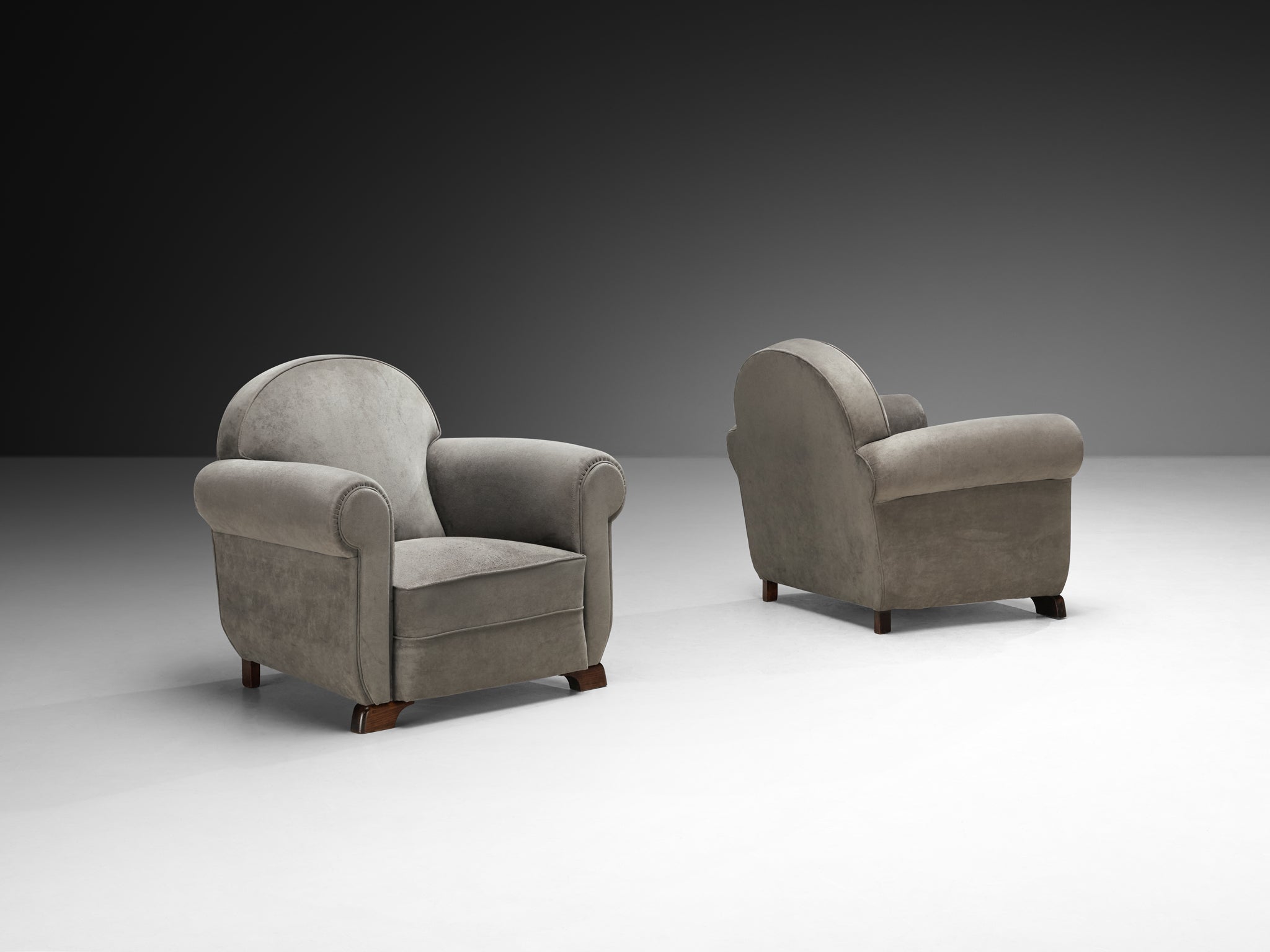 Pair of Bulky Mid-Century Lounge Chairs in Grey Alcantara Seating Morentz