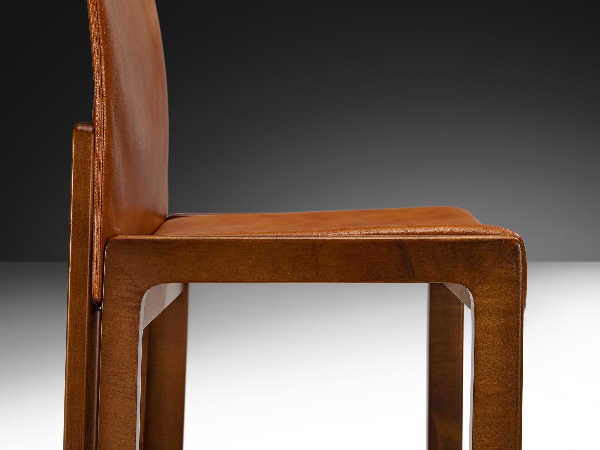 Post-Modern Set of Six Italian Ash Wood Dining Chairs in Cognac Faux Leather Seating Morentz