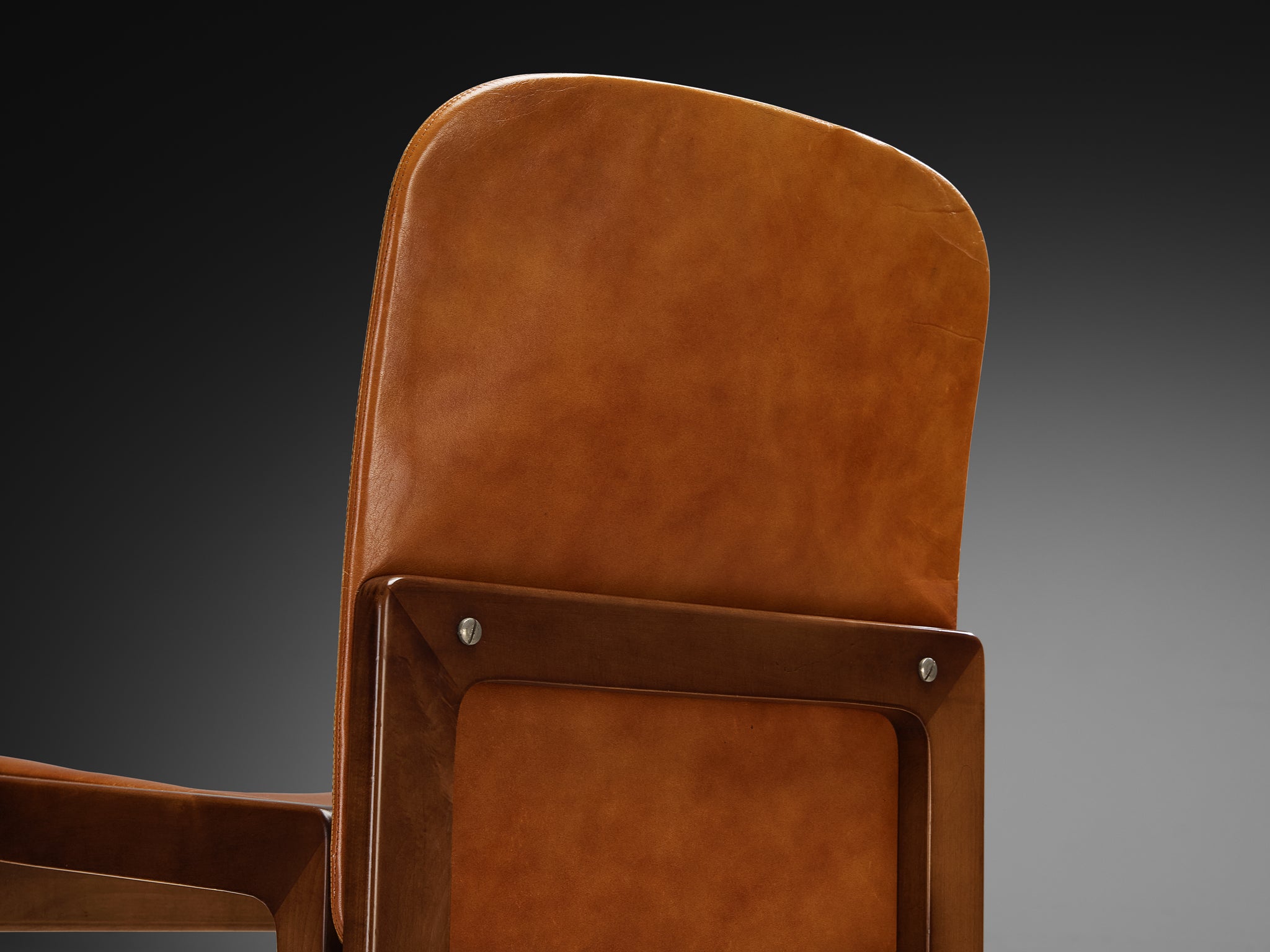 Post-Modern Set of Six Italian Ash Wood Dining Chairs in Cognac Faux Leather Seating Morentz