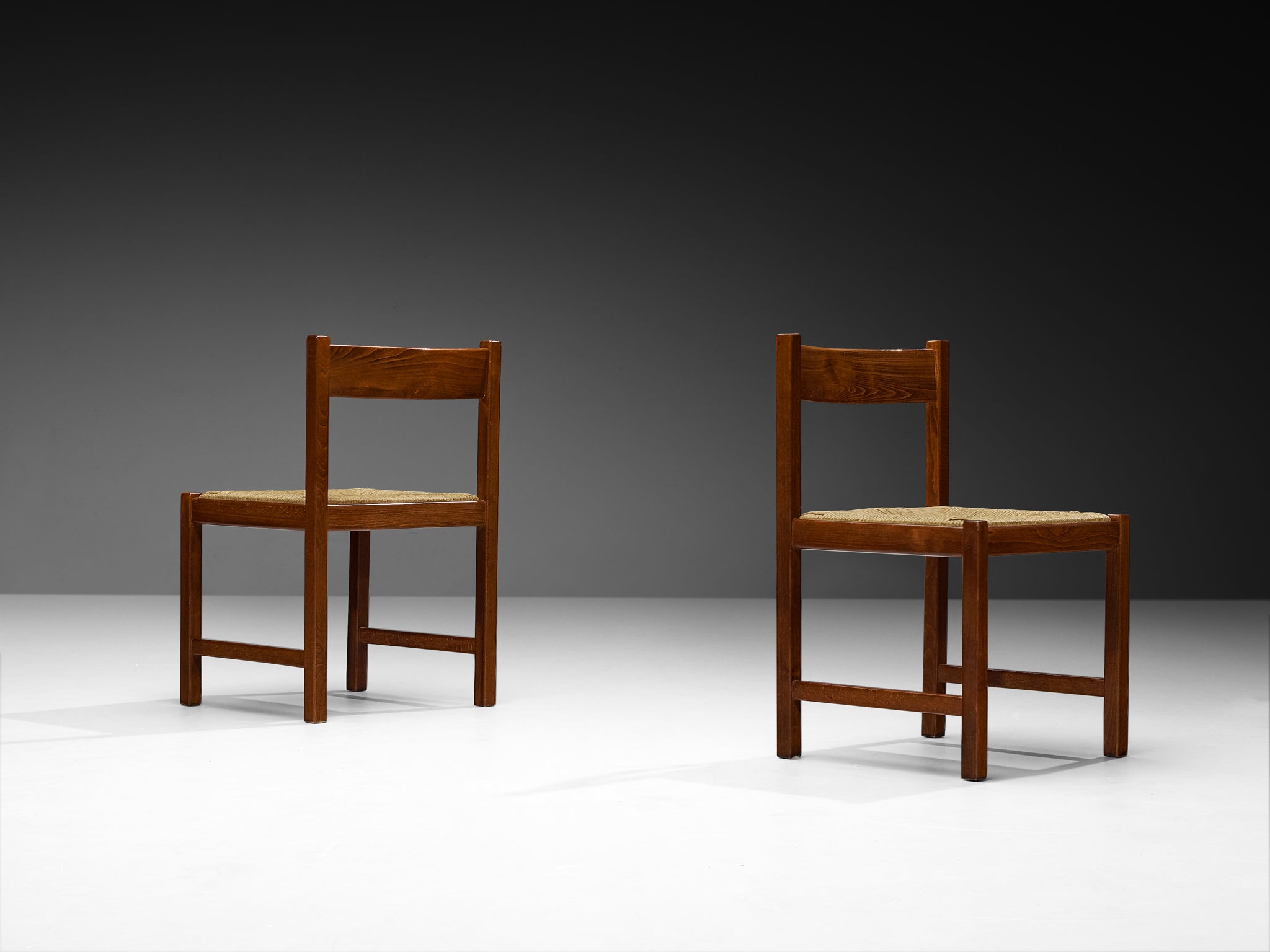 Italian Post-Modern Set of Six Dining Chairs in Wood and Rush Seating Morentz
