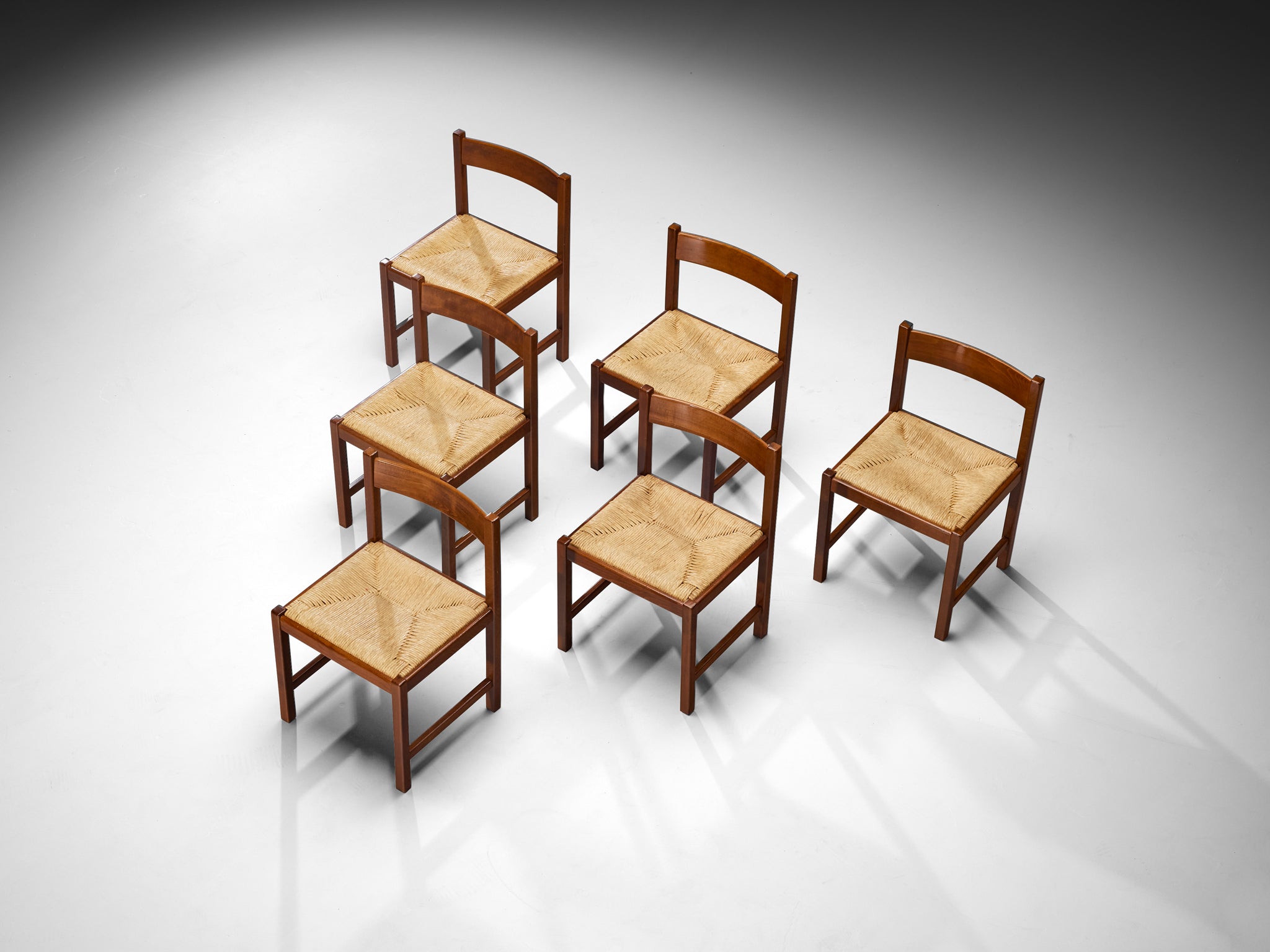 Italian Post-Modern Set of Six Dining Chairs in Wood and Rush Seating Morentz