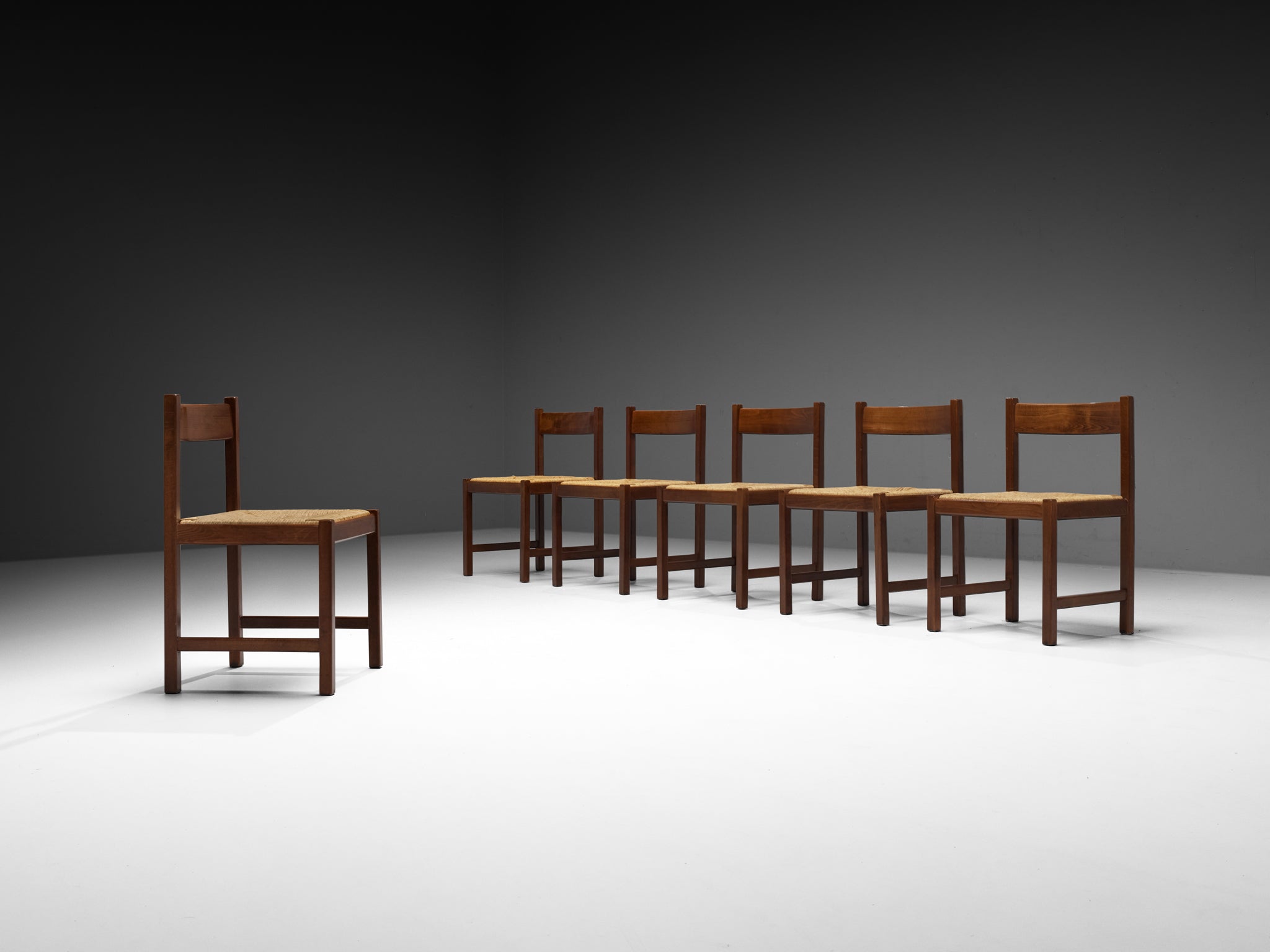 Italian Post-Modern Set of Six Dining Chairs in Wood and Rush Seating Morentz