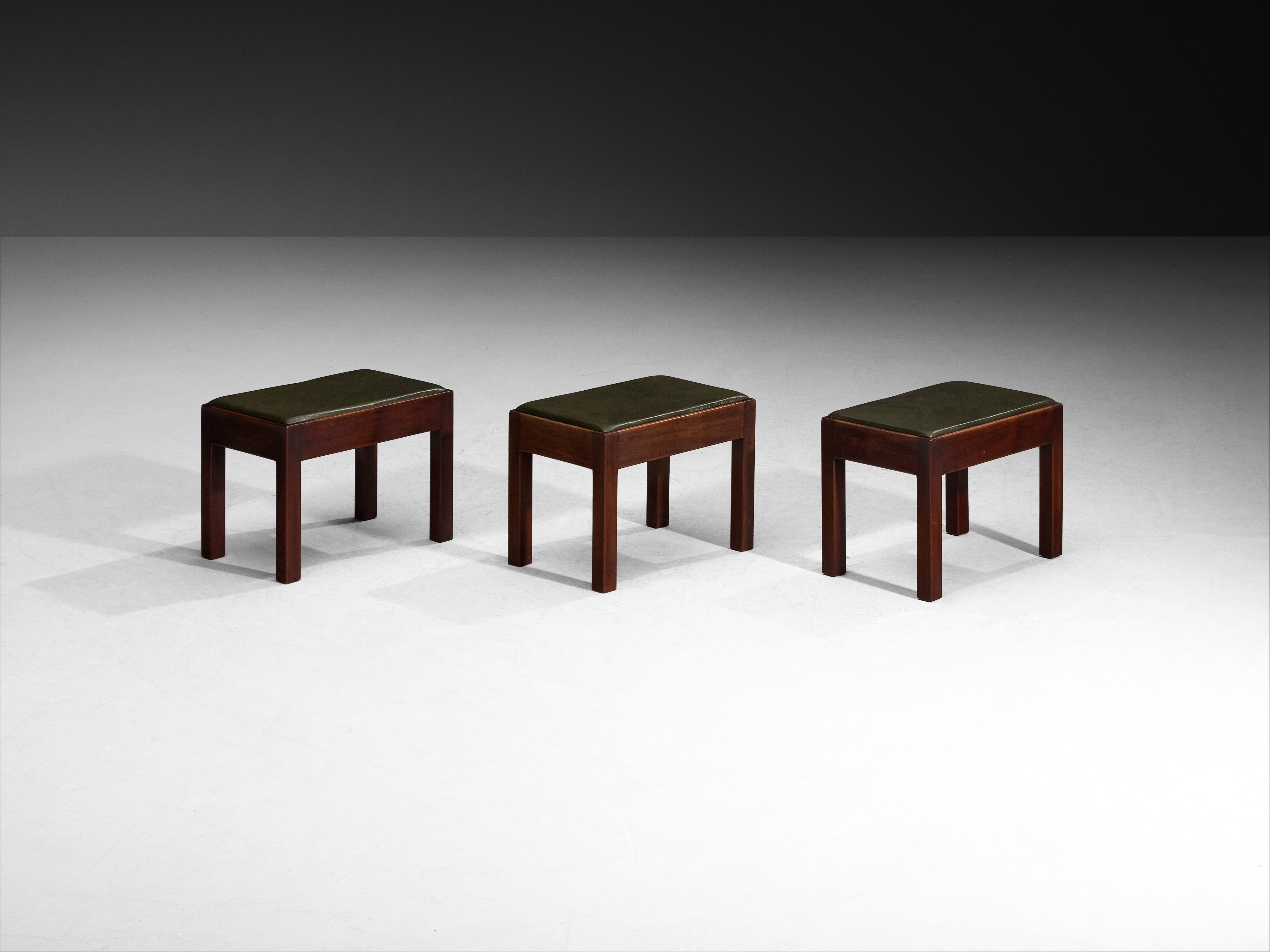 Scandinavian Modern Set of Three Multifunctional Stools or Side Tables in Wood and Green Leather Tables Morentz