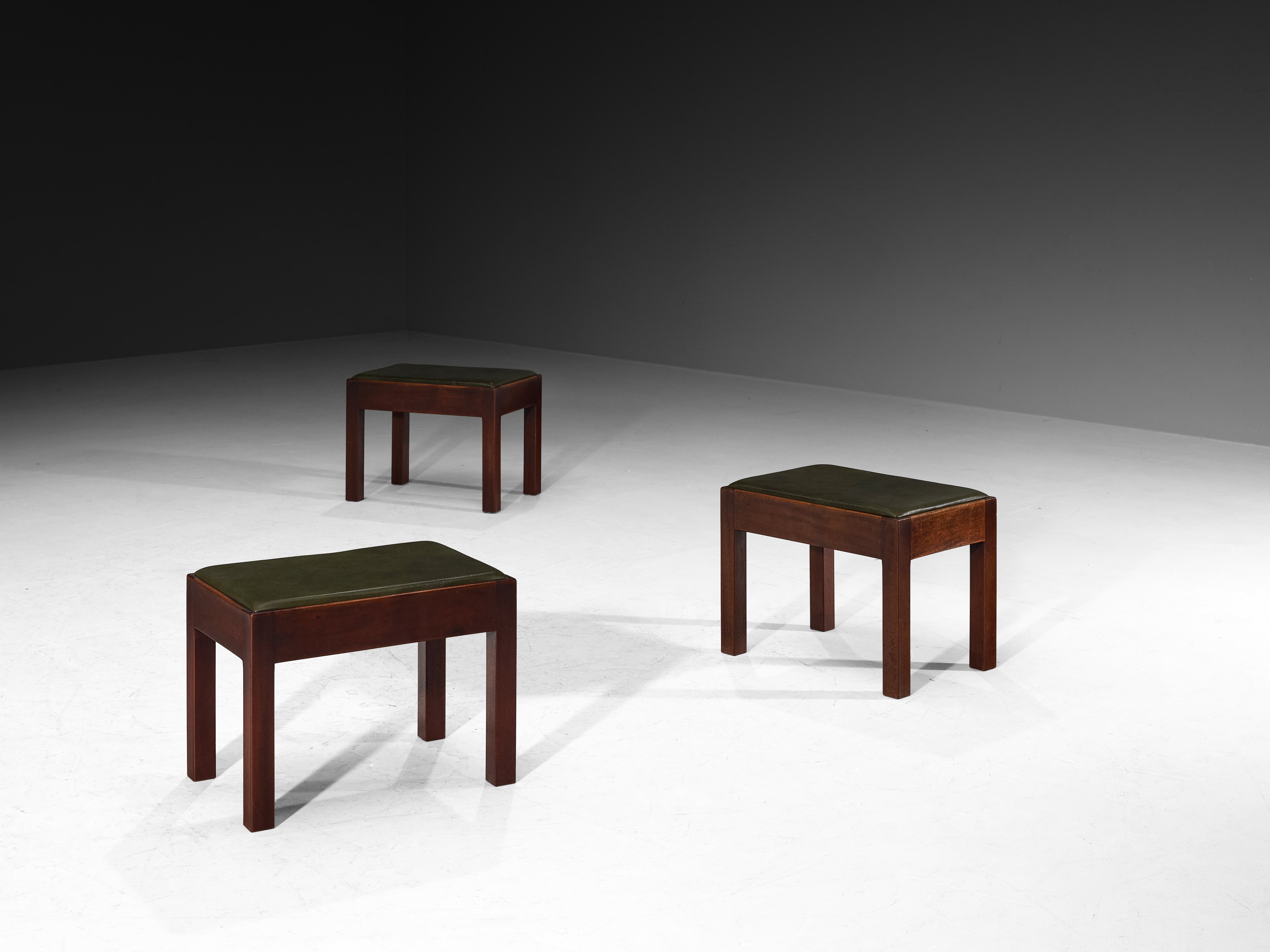 Scandinavian Modern Set of Three Multifunctional Stools or Side Tables in Wood and Green Leather Tables Morentz