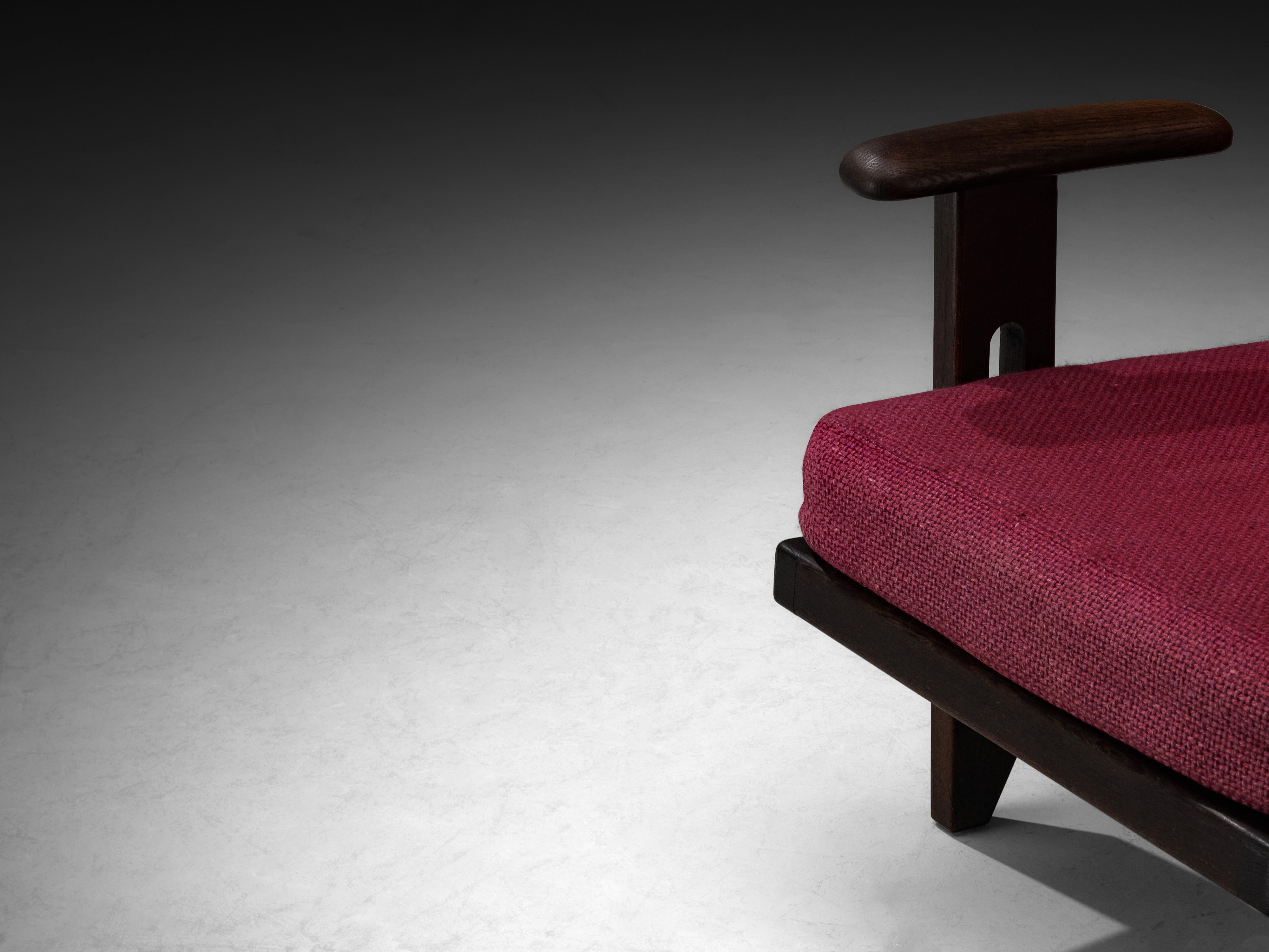 Guillerme & Chambron Lounge Chair in Stained Oak and Purple Wool Seating Morentz