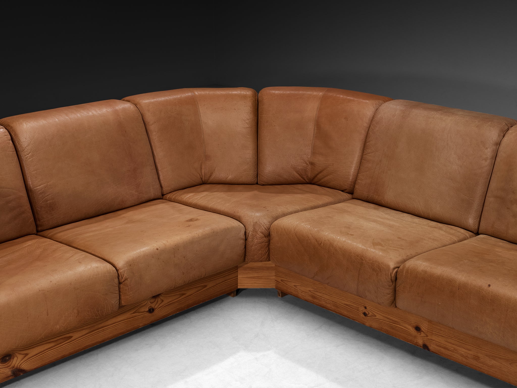 Hans Jørgen Frydendal for Modul Bygge System Corner Sofa in Solid Pine and Cognac Leather Seating Morentz