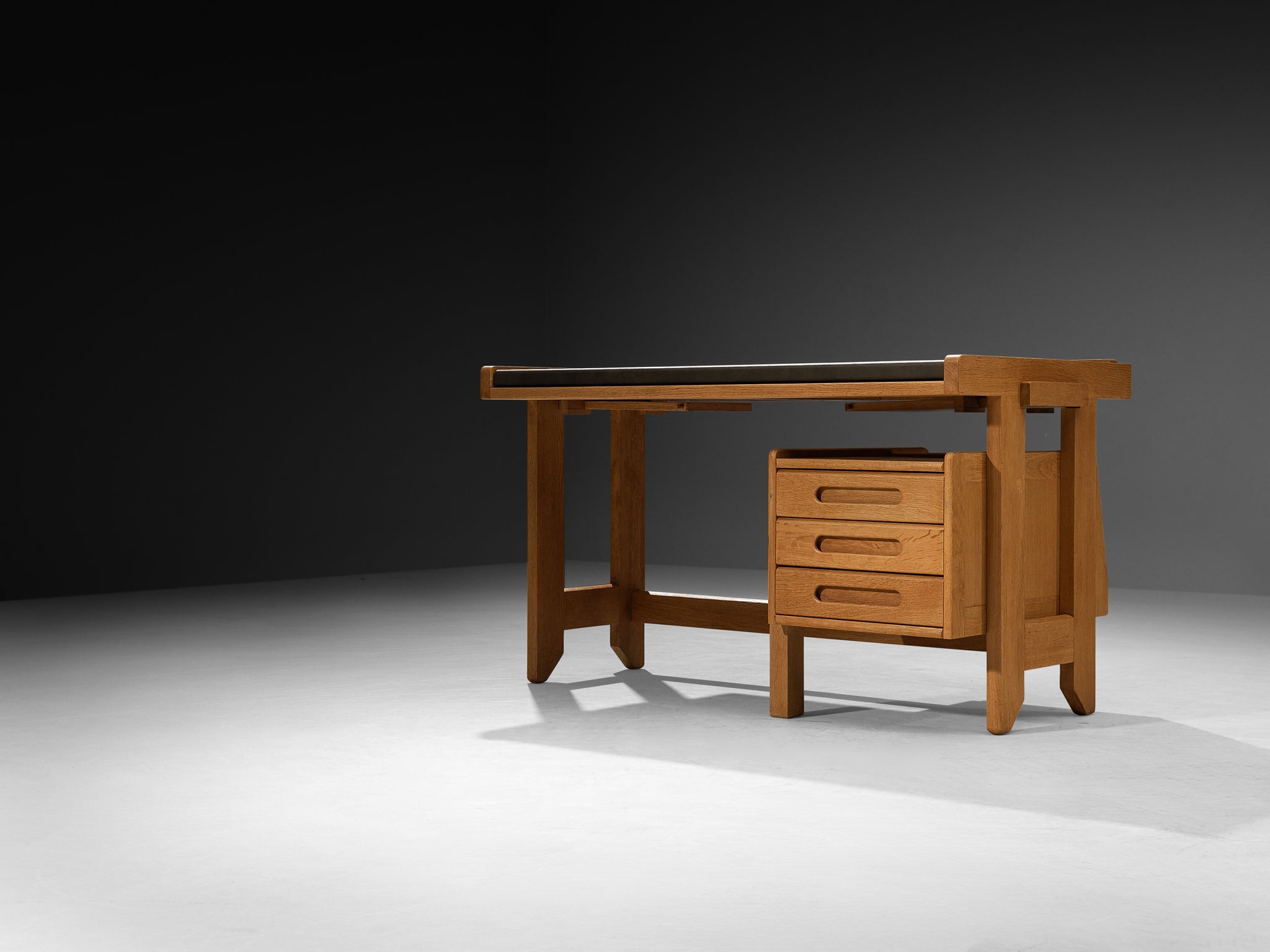Guillerme & Chambron Writing Desk in Solid Oak and Black Leather Tables Morentz