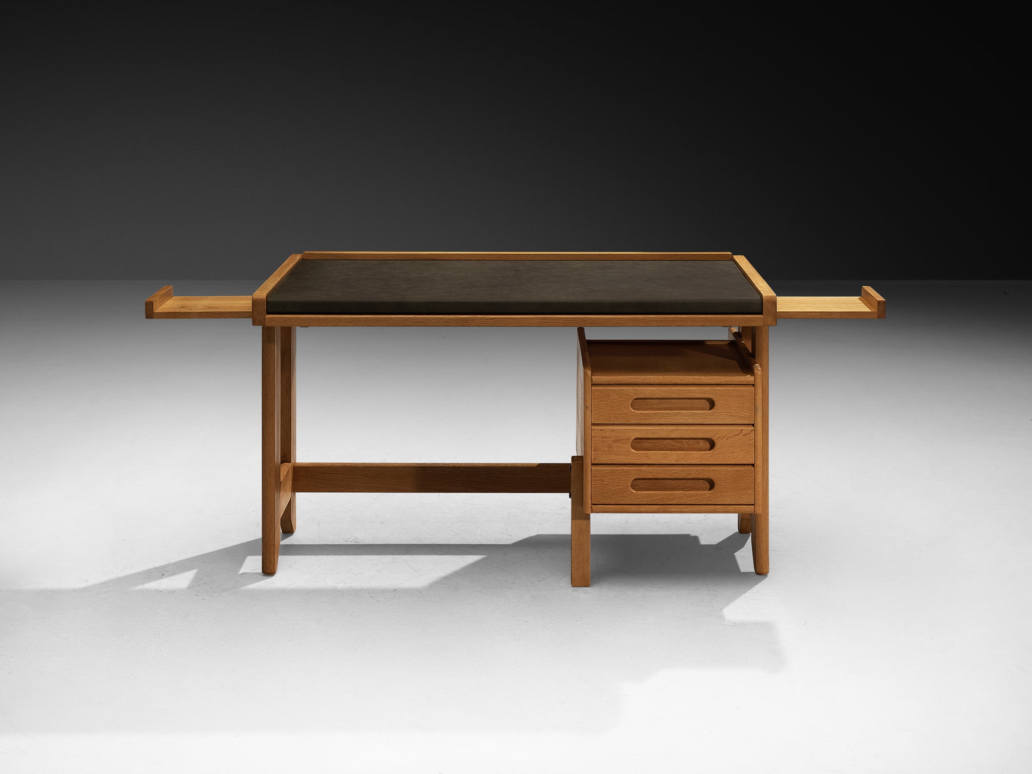 Guillerme & Chambron Writing Desk in Solid Oak and Black Leather Tables Morentz