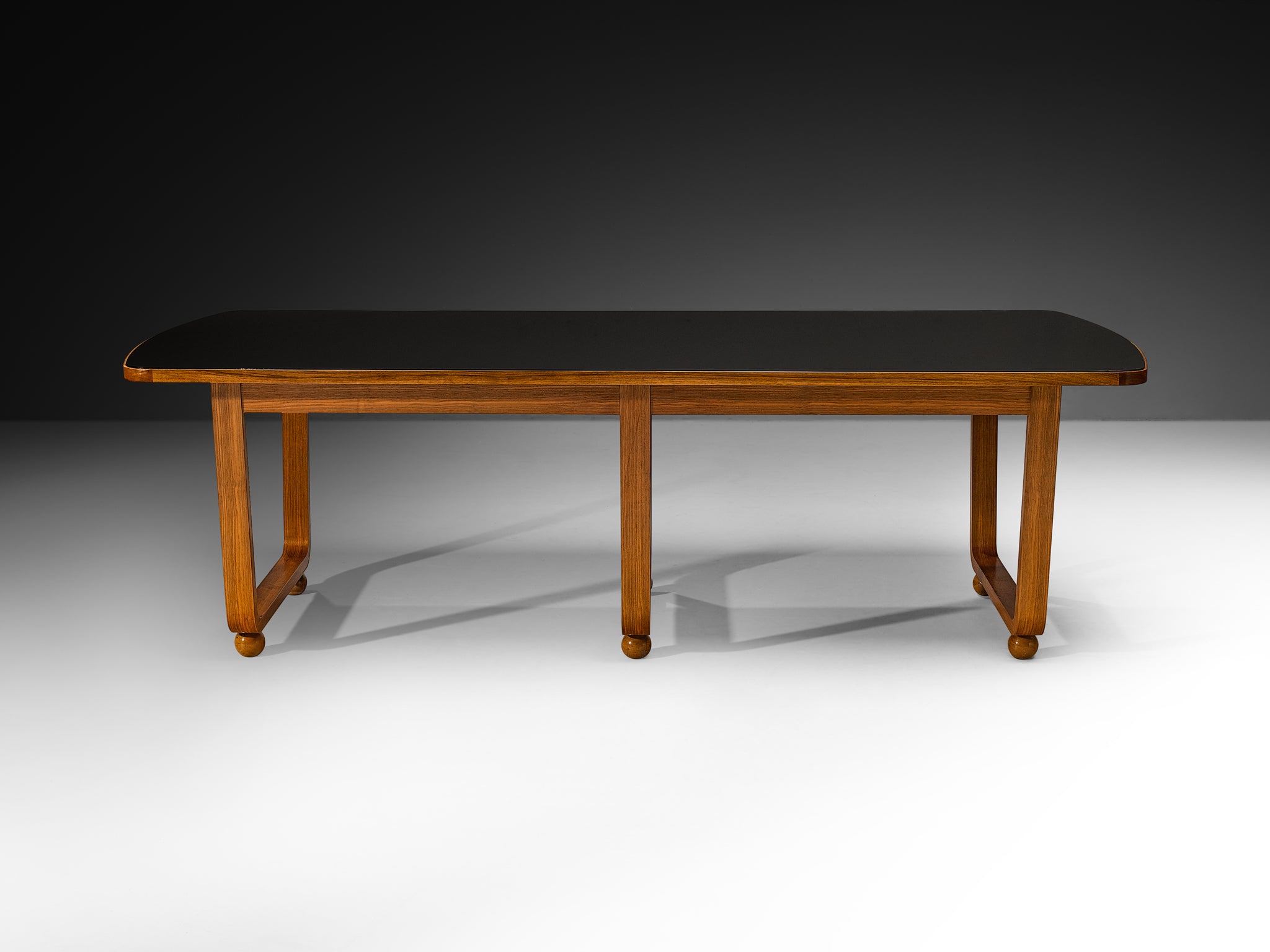 French Modernist Dining Table in Walnut and Black Glass Tables Morentz