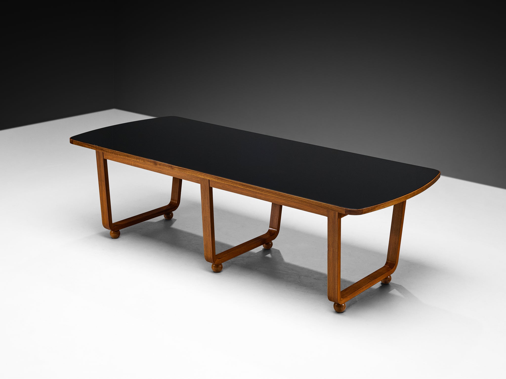 French Modernist Dining Table in Walnut and Black Glass Tables Morentz