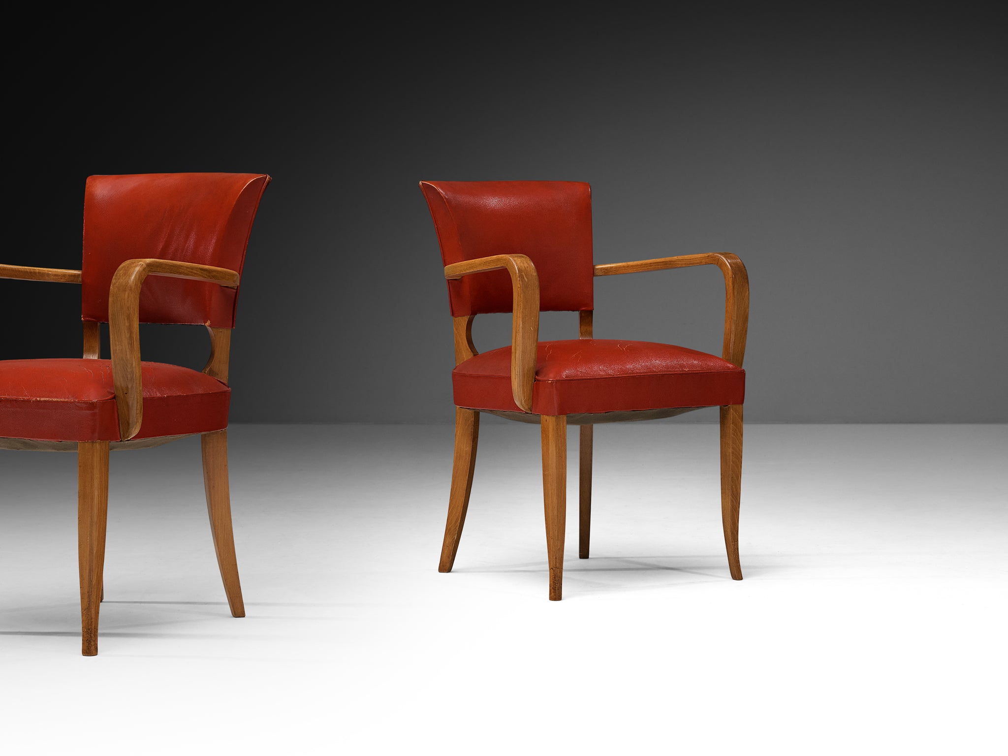 Set of Eight French Art Deco Armchairs in Wood and Red Leatherette Seating Morentz