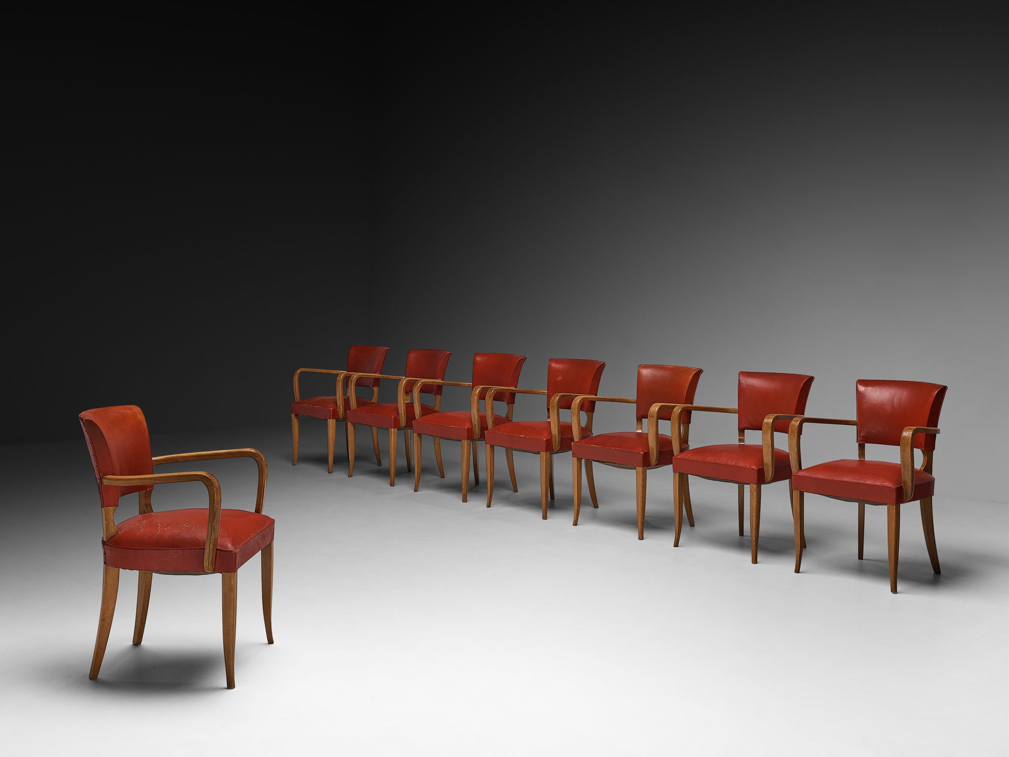 Set of Eight French Art Deco Armchairs in Wood and Red Leatherette Seating Morentz