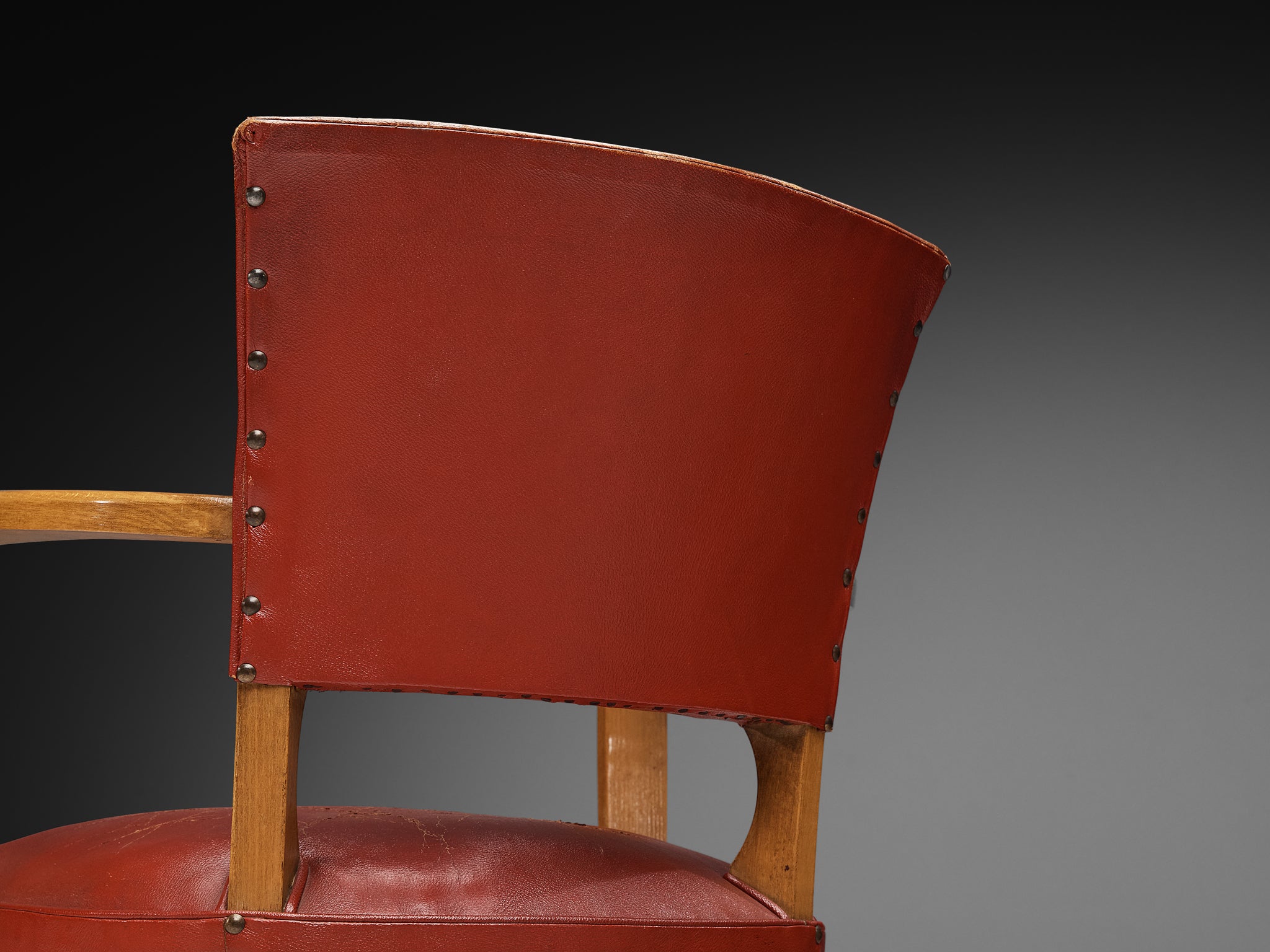 Set of Eight French Art Deco Armchairs in Wood and Red Leatherette Seating Morentz