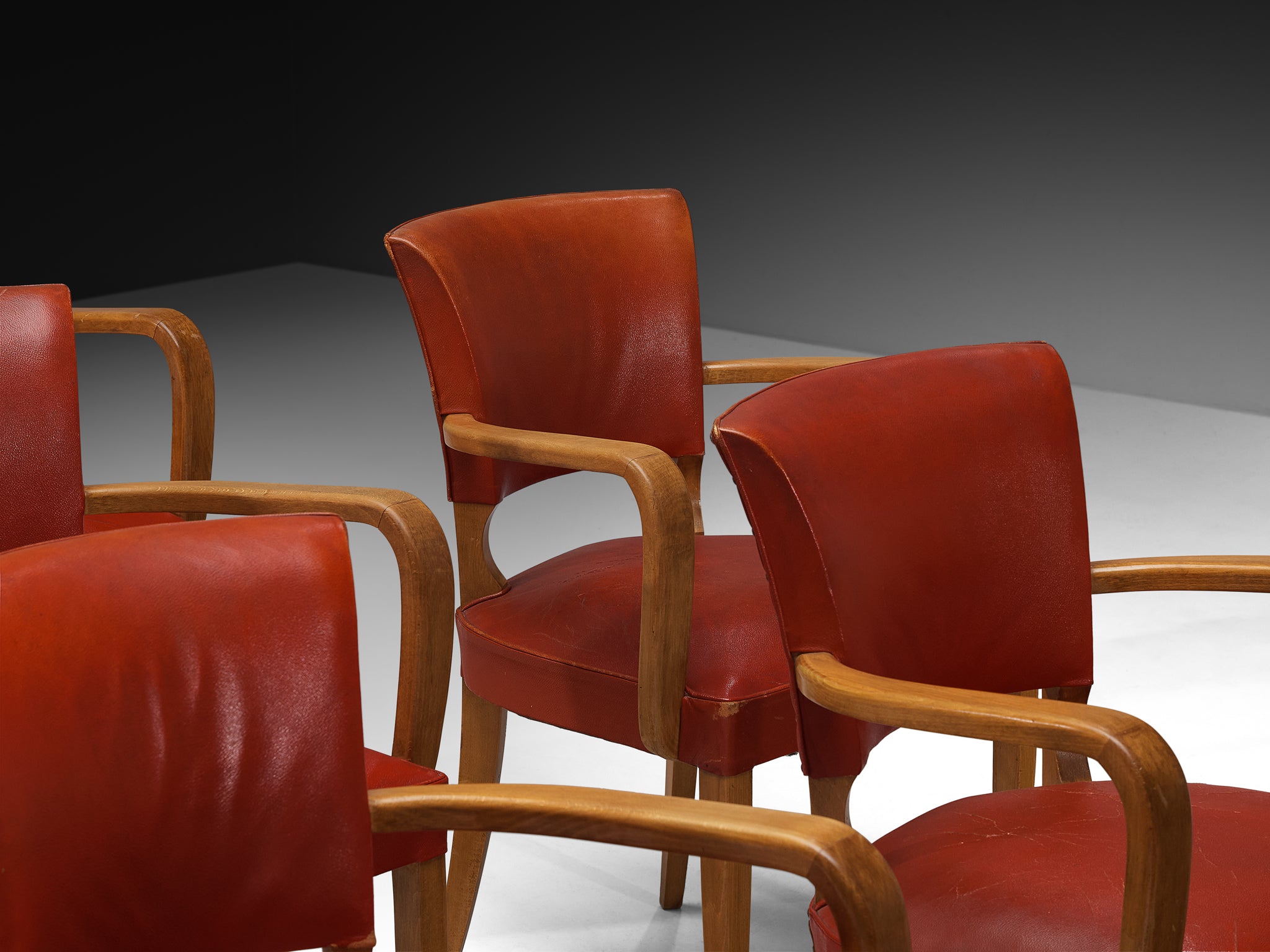 Set of Eight French Art Deco Armchairs in Wood and Red Leatherette Seating Morentz