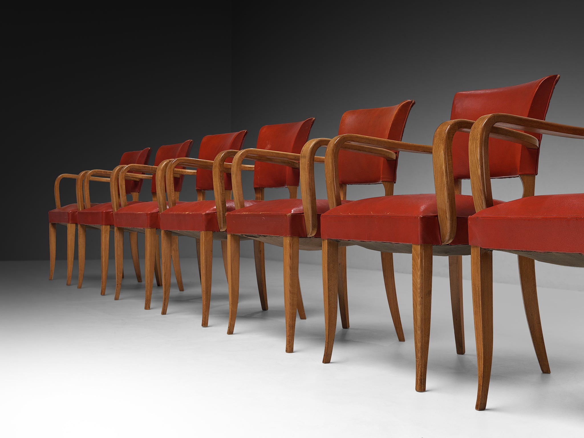 Set of Eight French Art Deco Armchairs in Wood and Red Leatherette Seating Morentz