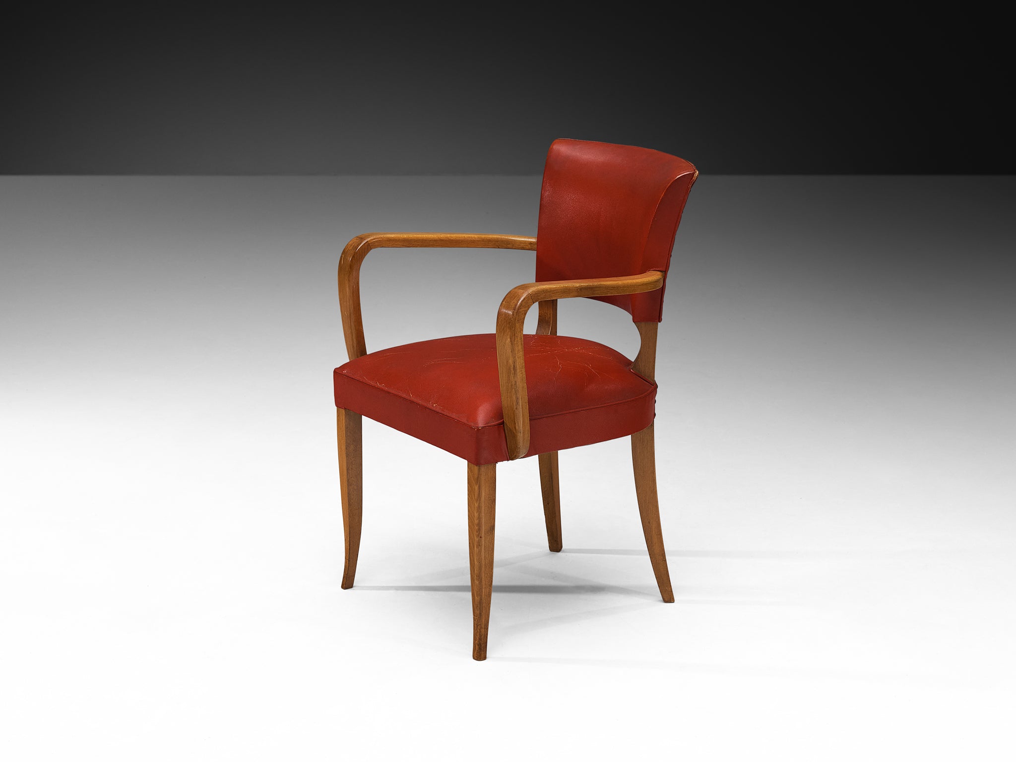 Set of Eight French Art Deco Armchairs in Wood and Red Leatherette Seating Morentz