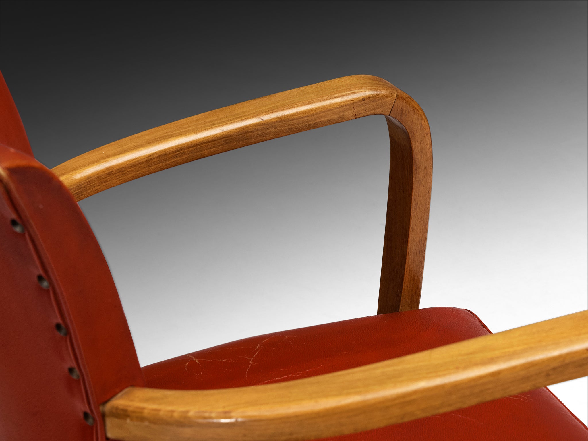 Set of Eight French Art Deco Armchairs in Wood and Red Leatherette Seating Morentz