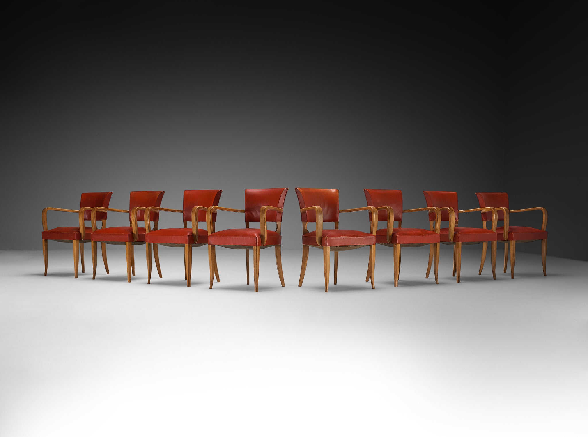 Set of Eight French Art Deco Armchairs in Wood and Red Leatherette Seating Morentz