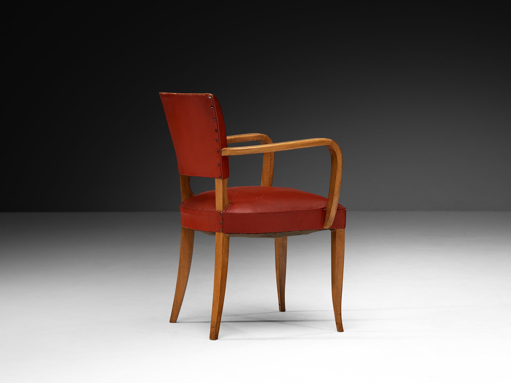 Set of Eight French Art Deco Armchairs in Wood and Red Leatherette Seating Morentz
