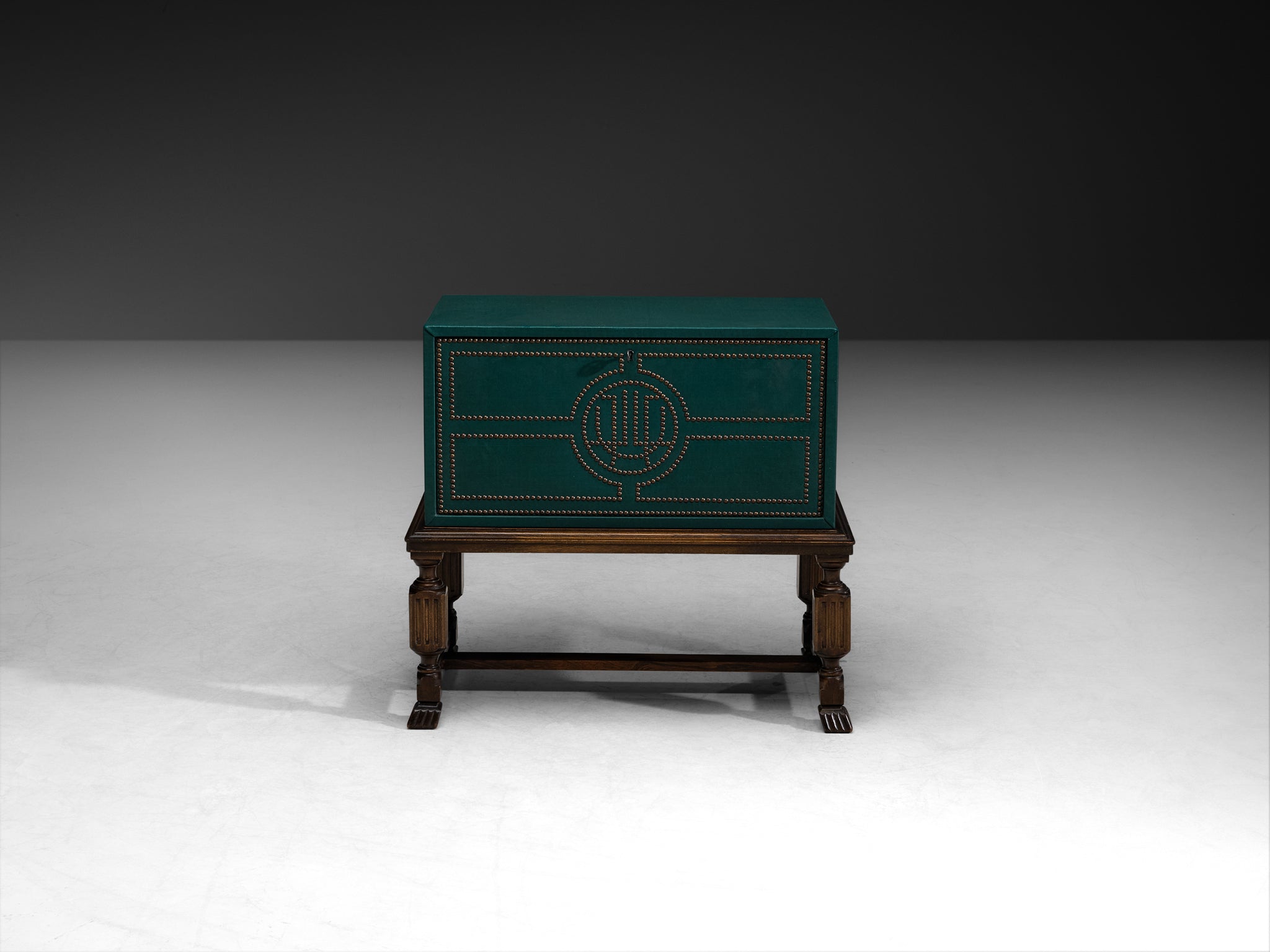 Otto Schulz for Boet Cabinet in Green Faux Leather, Oak, and Brass Nails Case pieces and storage cabinets Morentz