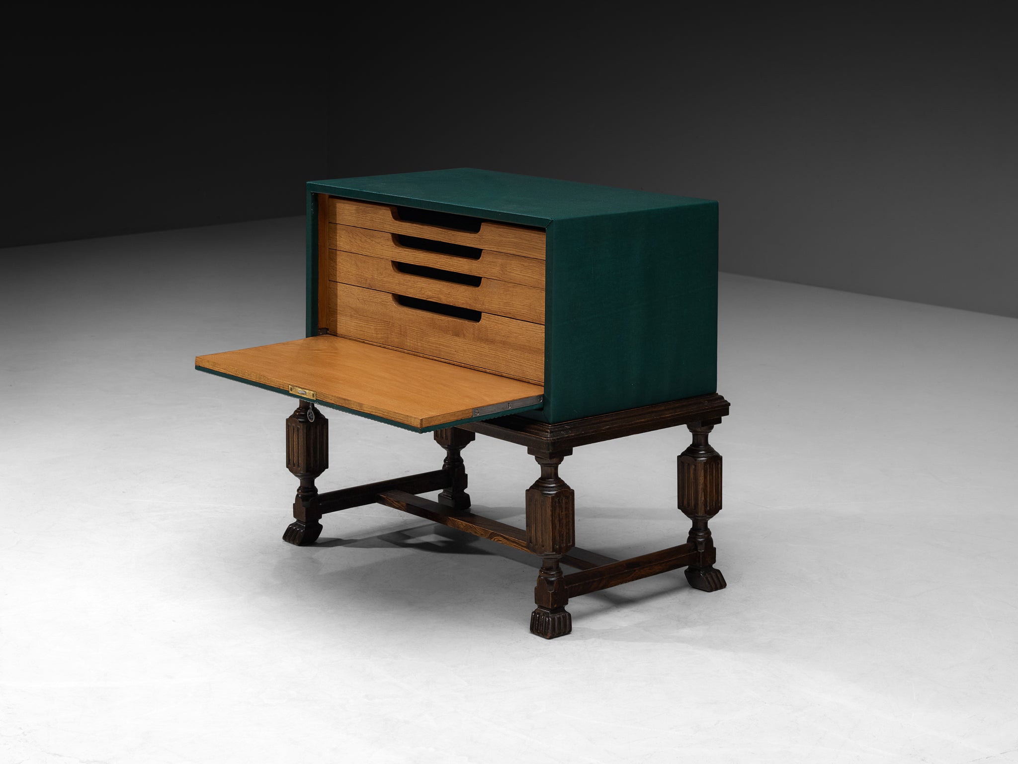 Otto Schulz for Boet Cabinet in Green Faux Leather, Oak, and Brass Nails Case pieces and storage cabinets Morentz