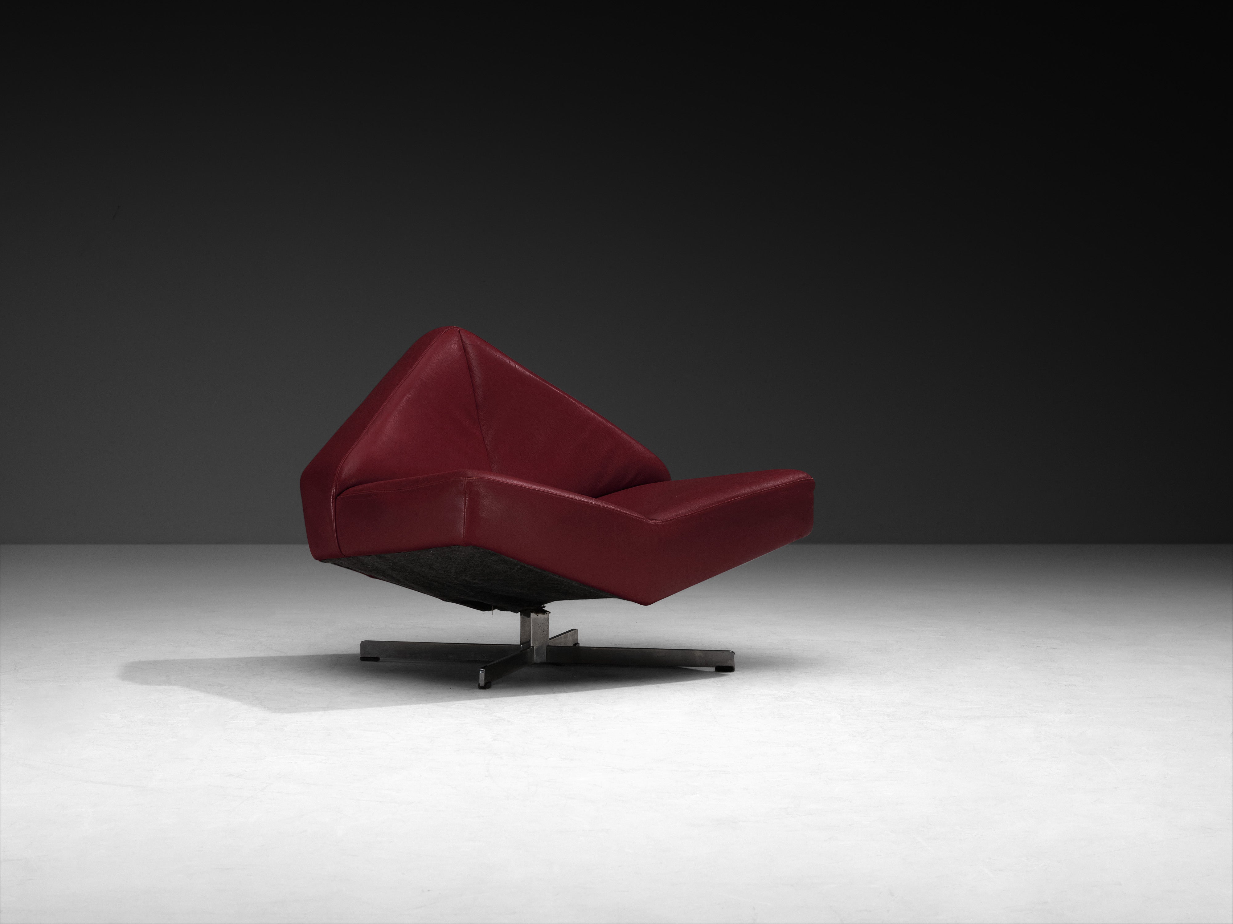 Pair of Rare Schmieder Angular Faceted 'Brasilia' Lounge Chairs in Cherry Red Leather and Steel Seating Morentz