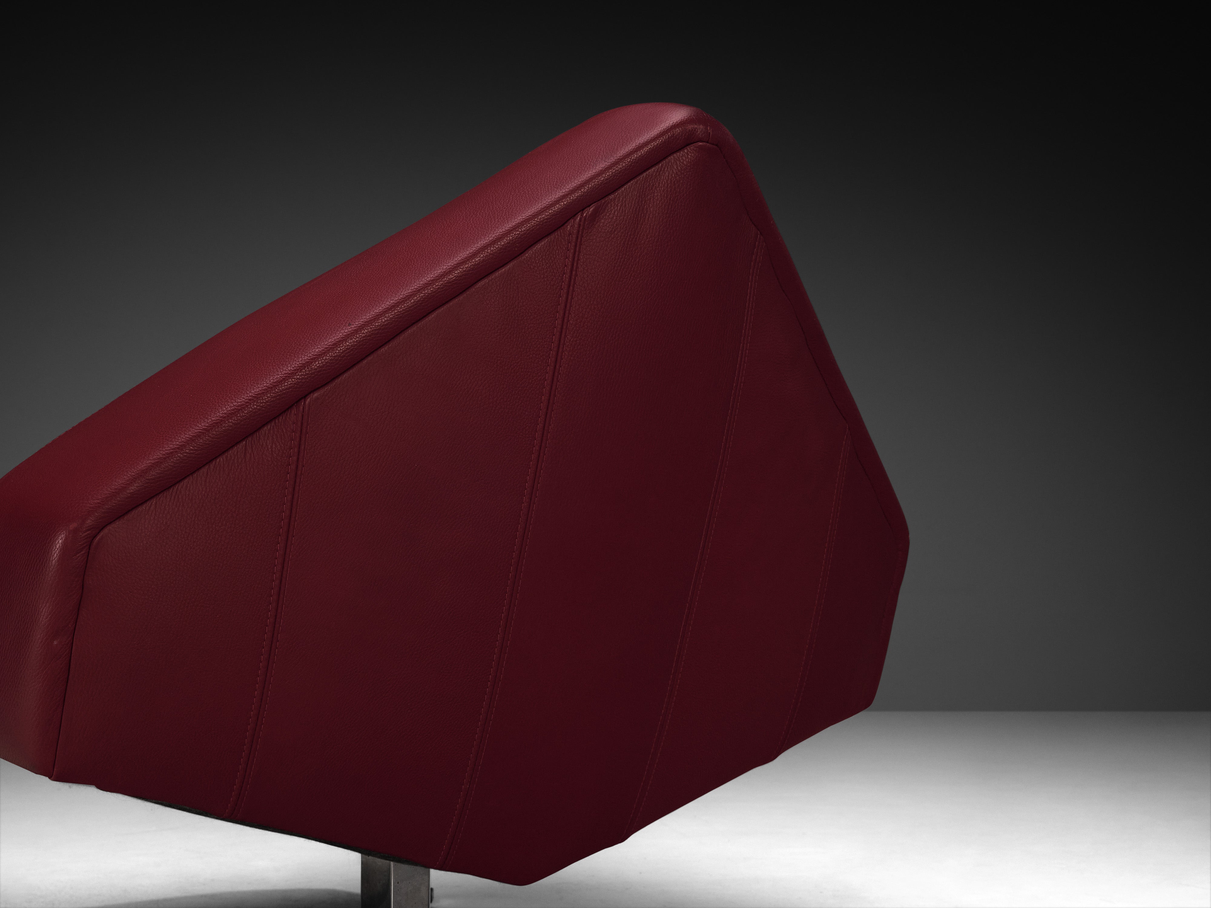 Pair of Rare Schmieder Angular Faceted 'Brasilia' Lounge Chairs in Cherry Red Leather and Steel Seating Morentz