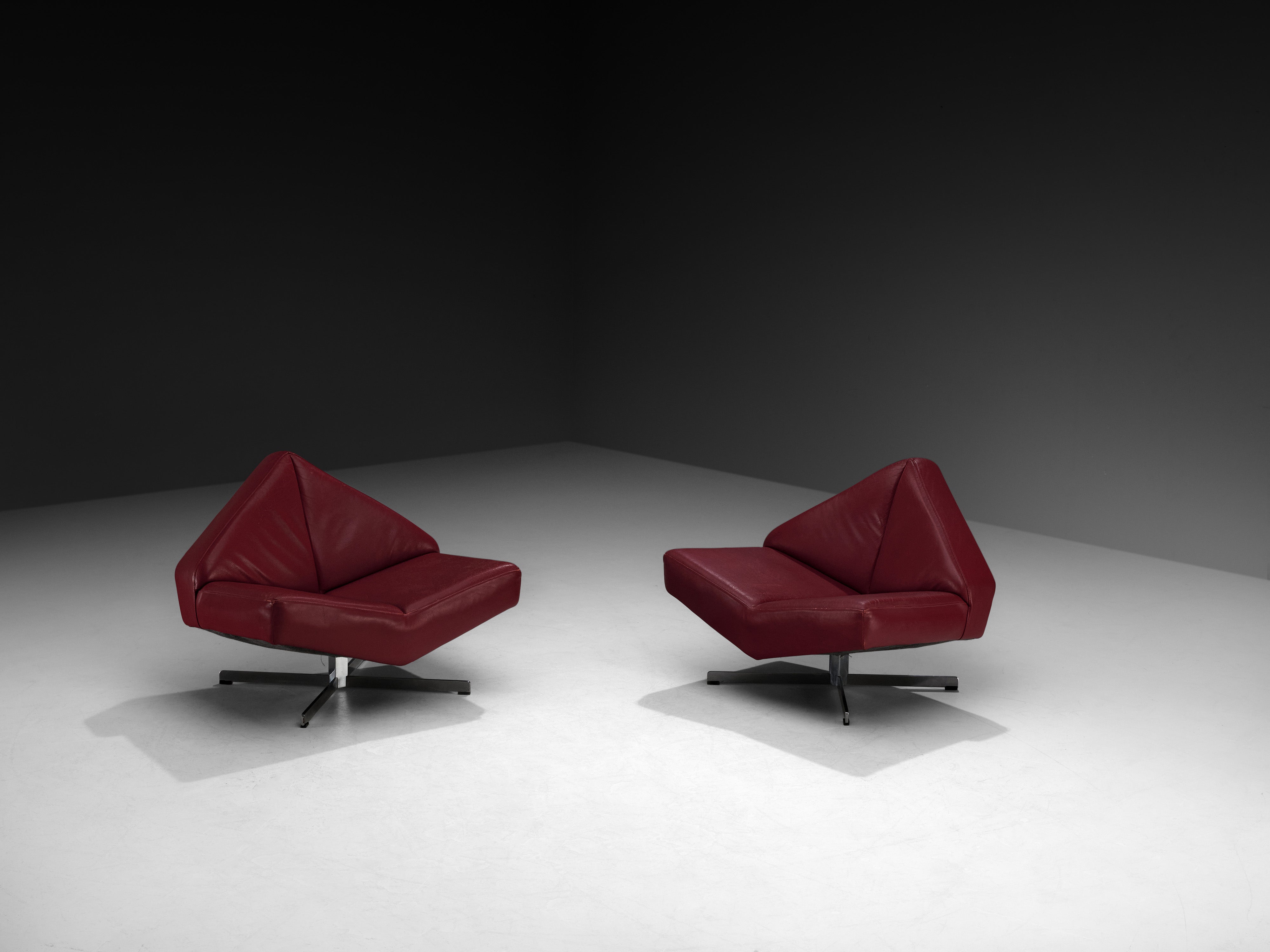 Pair of Rare Schmieder Angular Faceted 'Brasilia' Lounge Chairs in Cherry Red Leather and Steel Seating Morentz