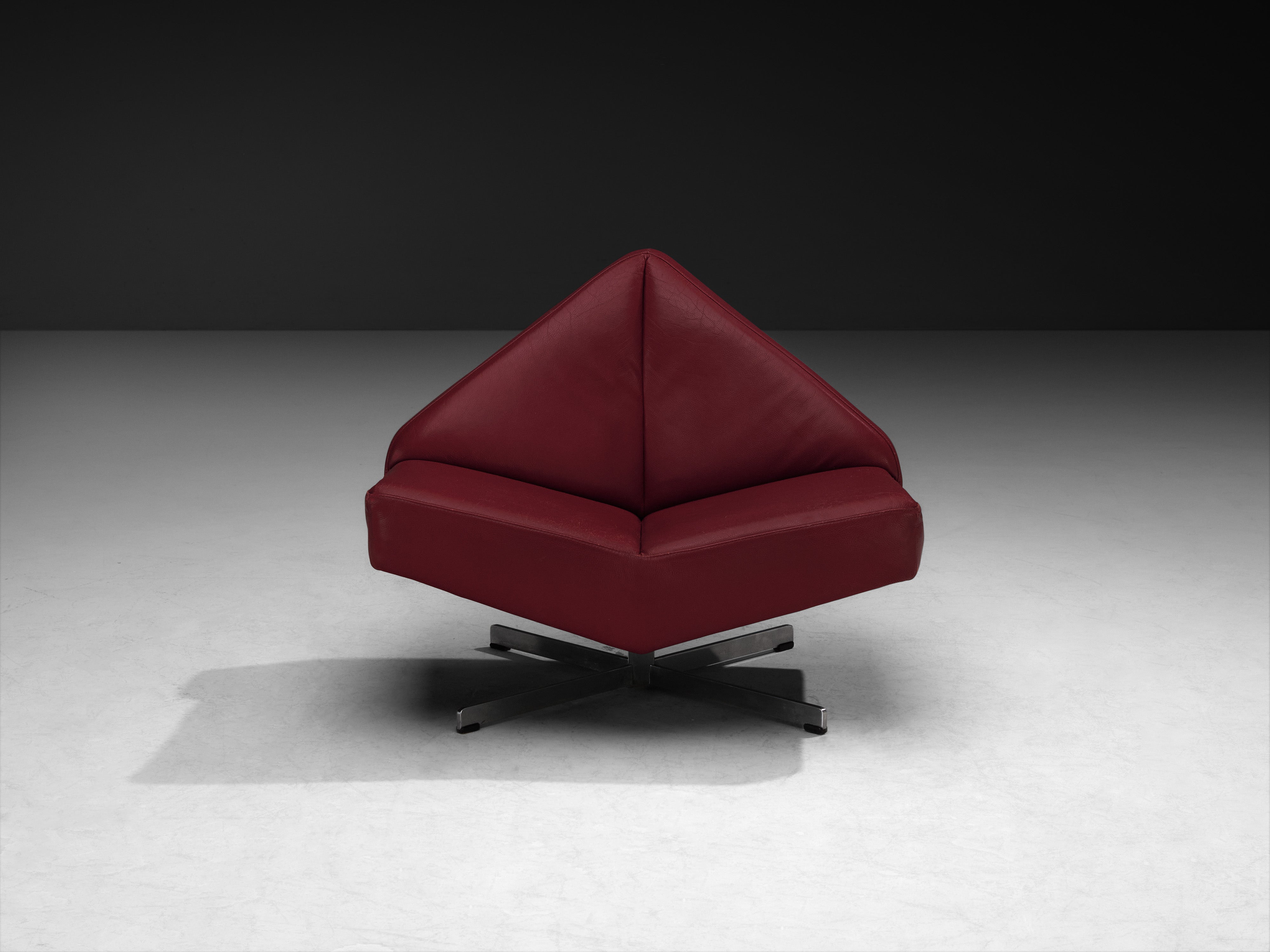 Pair of Rare Schmieder Angular Faceted 'Brasilia' Lounge Chairs in Cherry Red Leather and Steel Seating Morentz