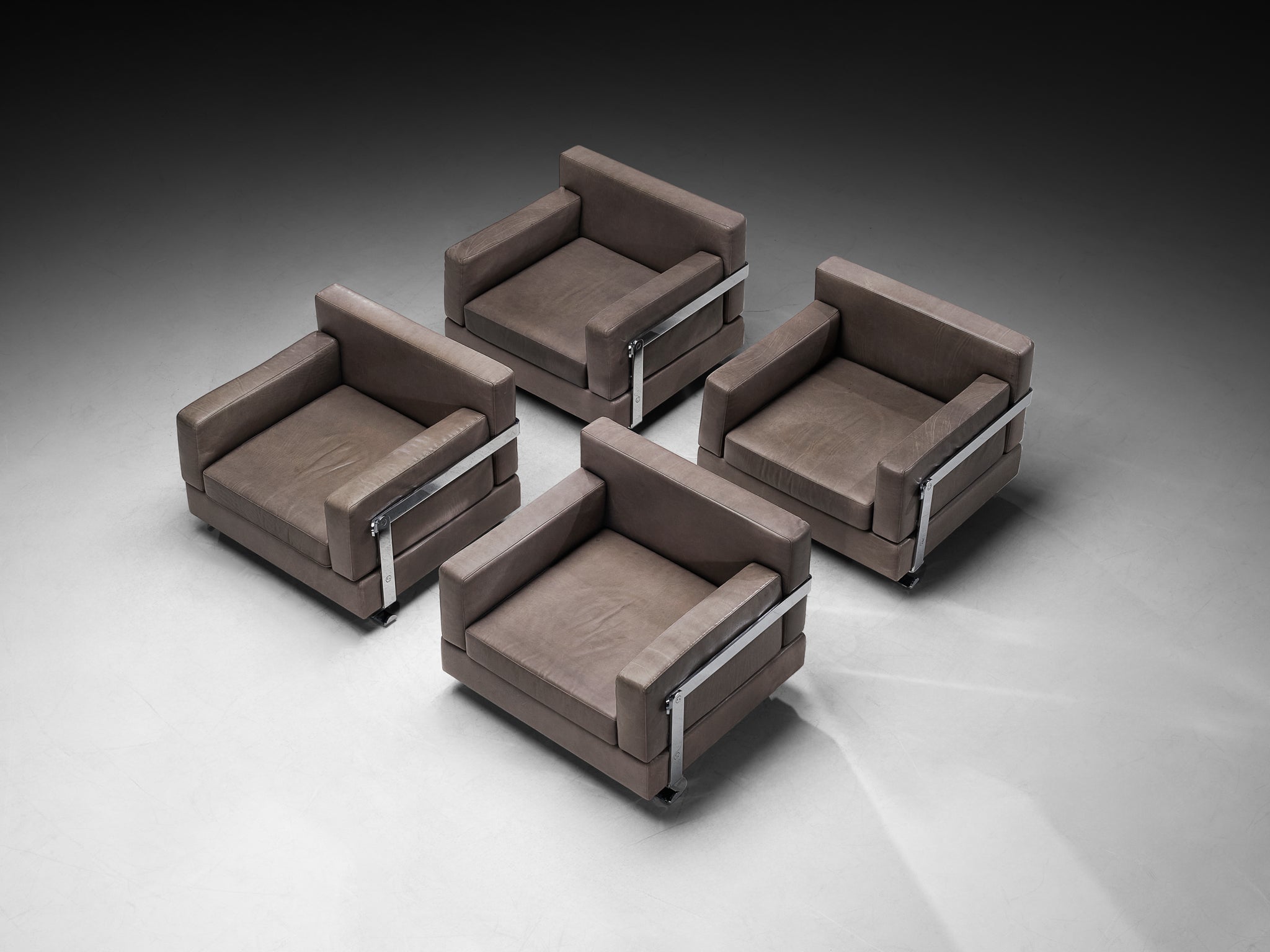 Luigi Caccia Dominioni for Azucena Italian Lounge Chairs in Grey Leather and Steel Seating Morentz