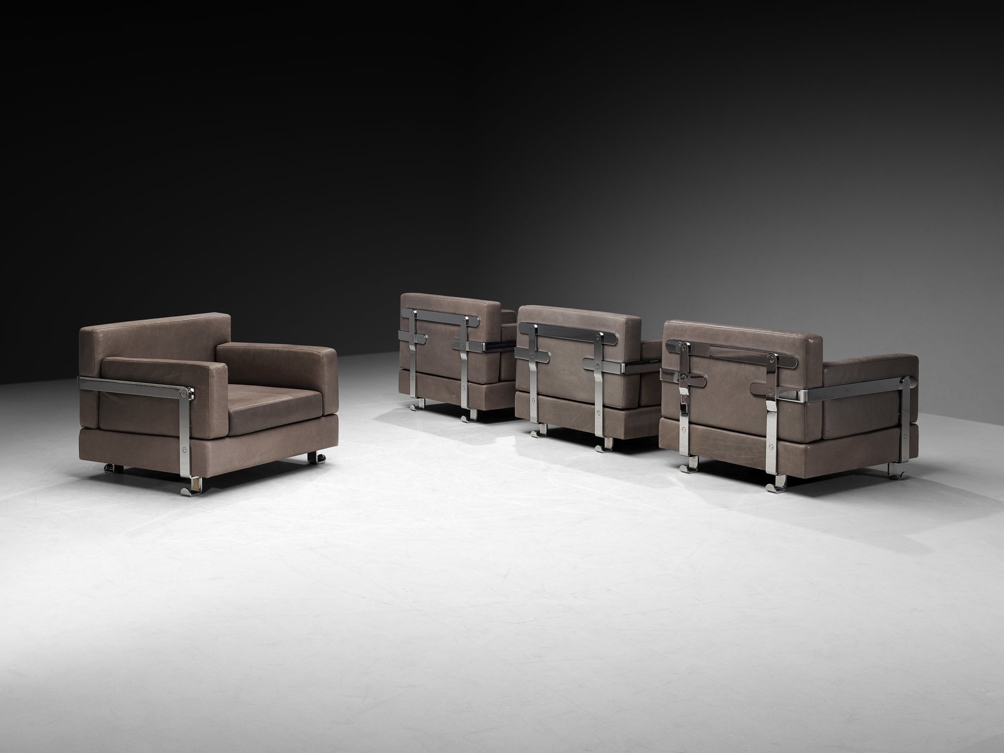 Luigi Caccia Dominioni for Azucena Italian Lounge Chairs in Grey Leather and Steel Seating Morentz