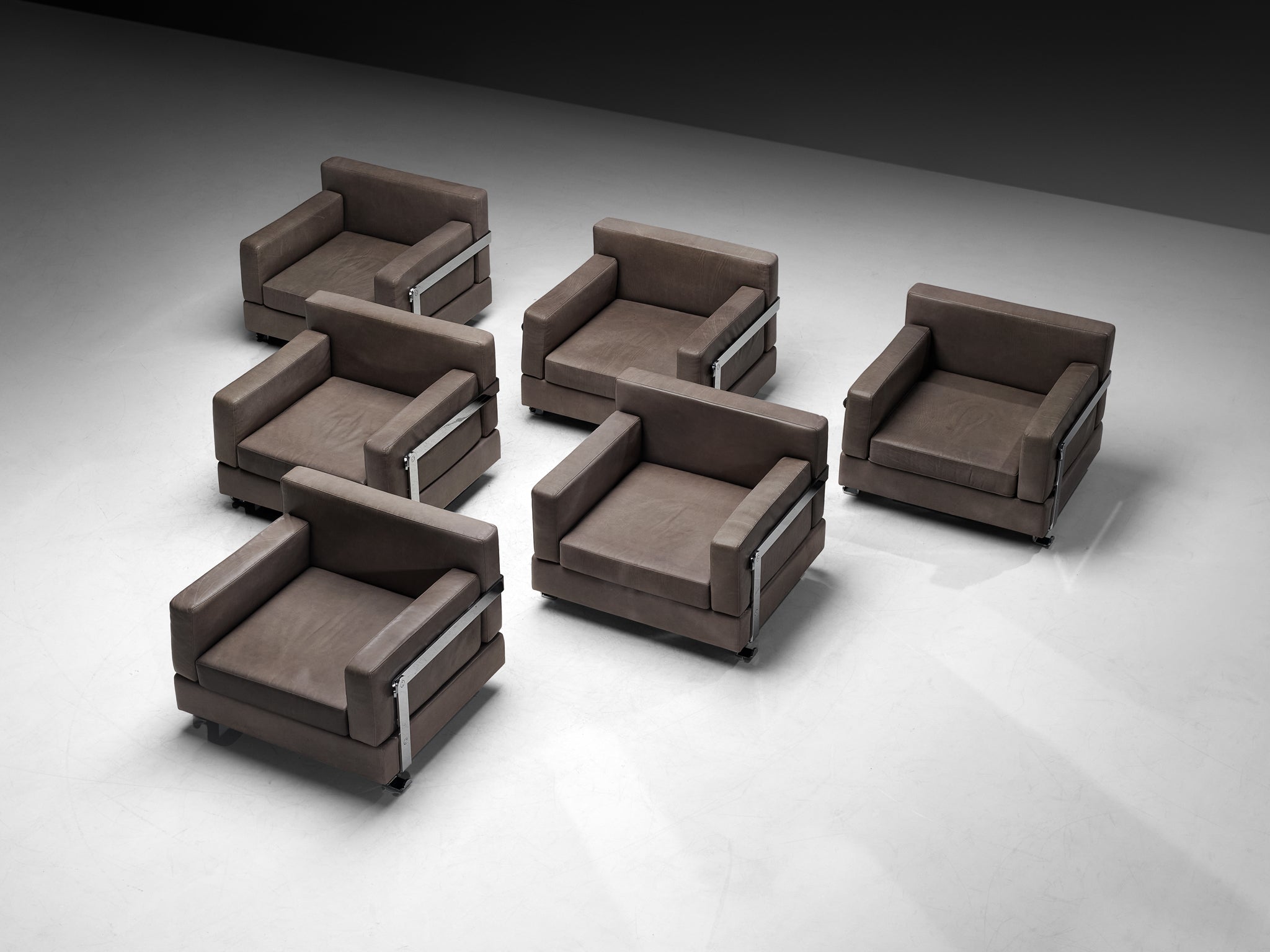 Luigi Caccia Dominioni for Azucena Italian Lounge Chairs in Grey Leather and Steel Seating Morentz