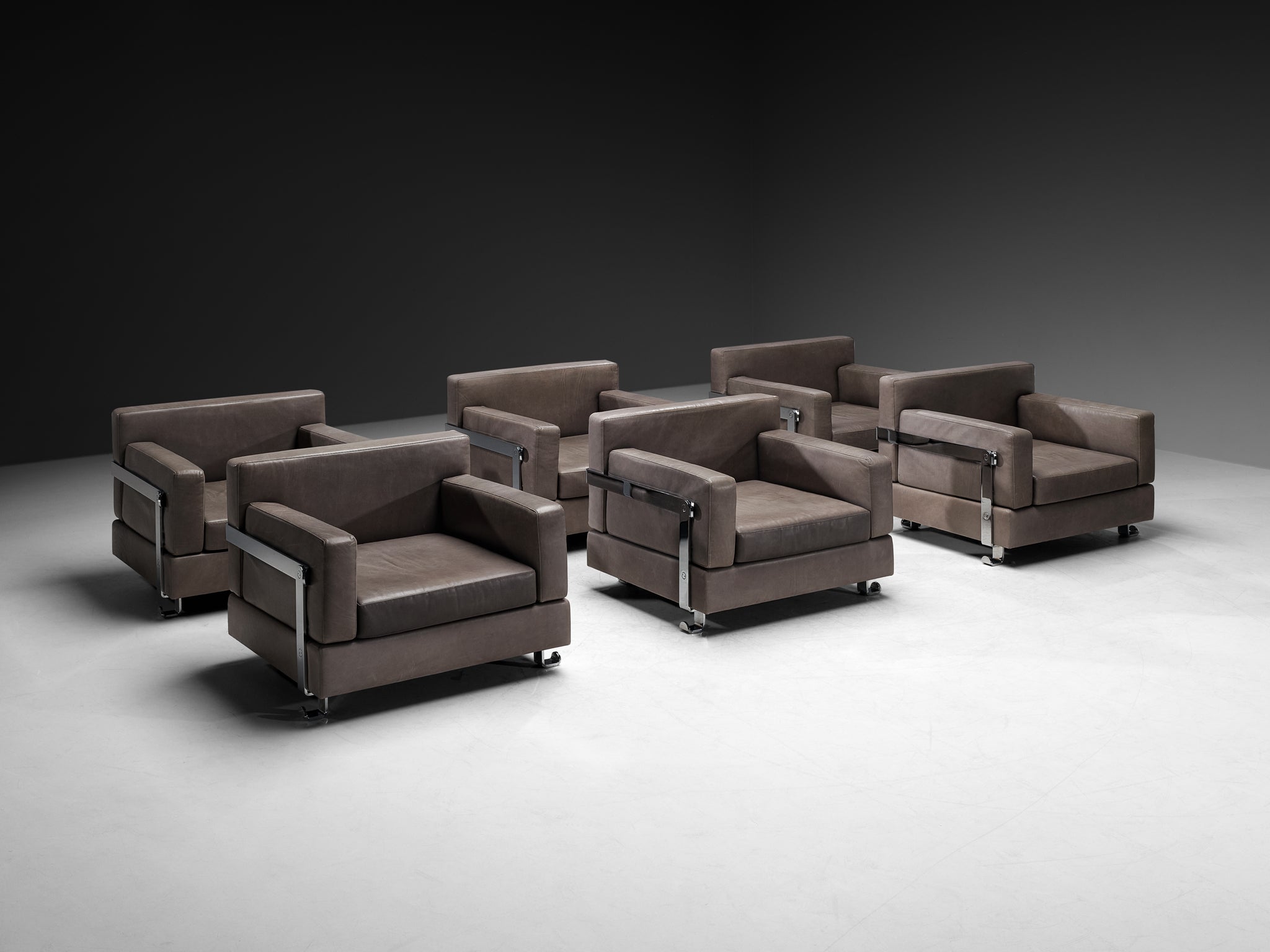 Luigi Caccia Dominioni for Azucena Italian Lounge Chairs in Grey Leather and Steel Seating Morentz