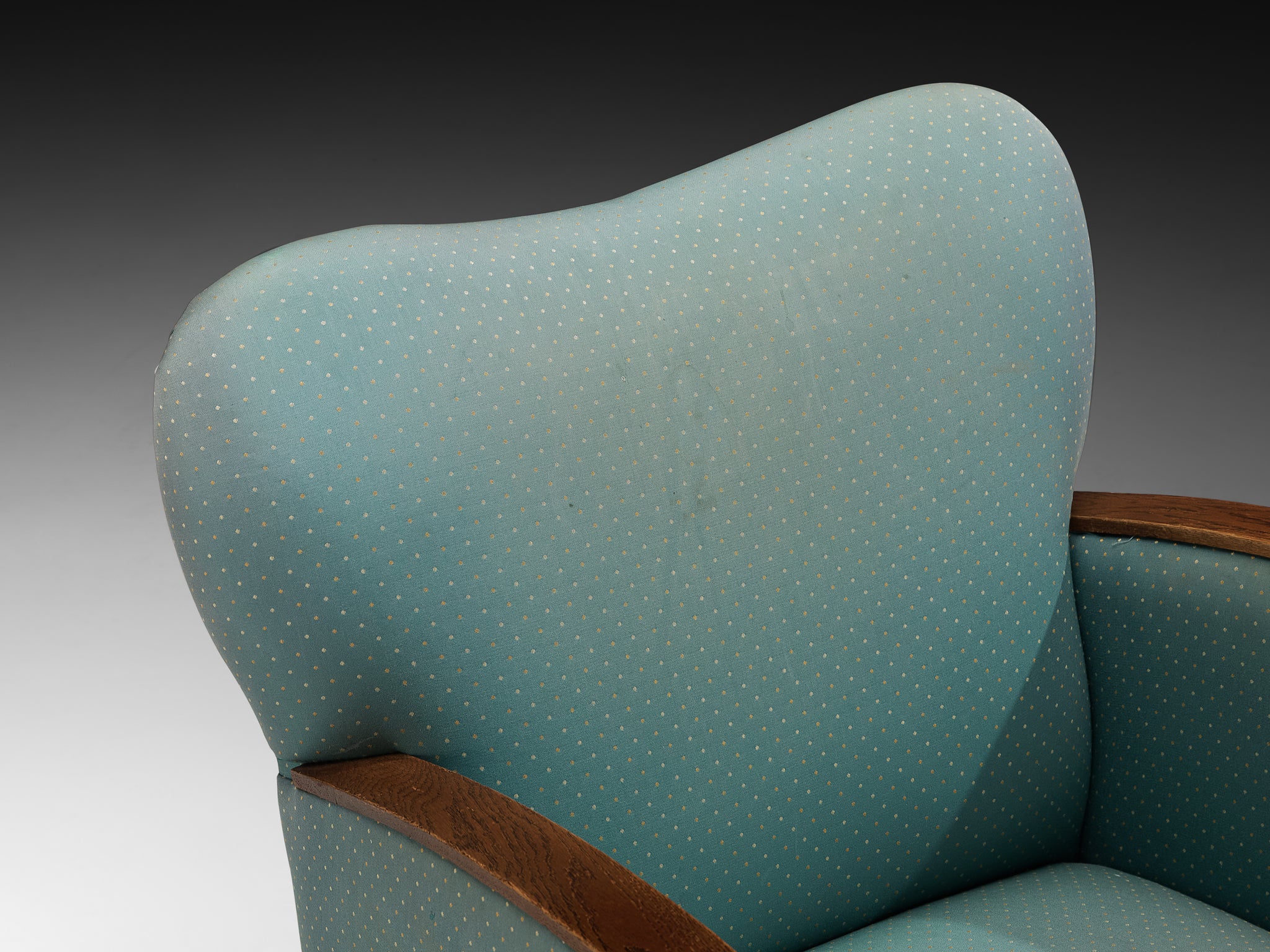 Pair of Art Deco Lounge Chairs in Oak and Soft Turquoise Fabric Seating Morentz